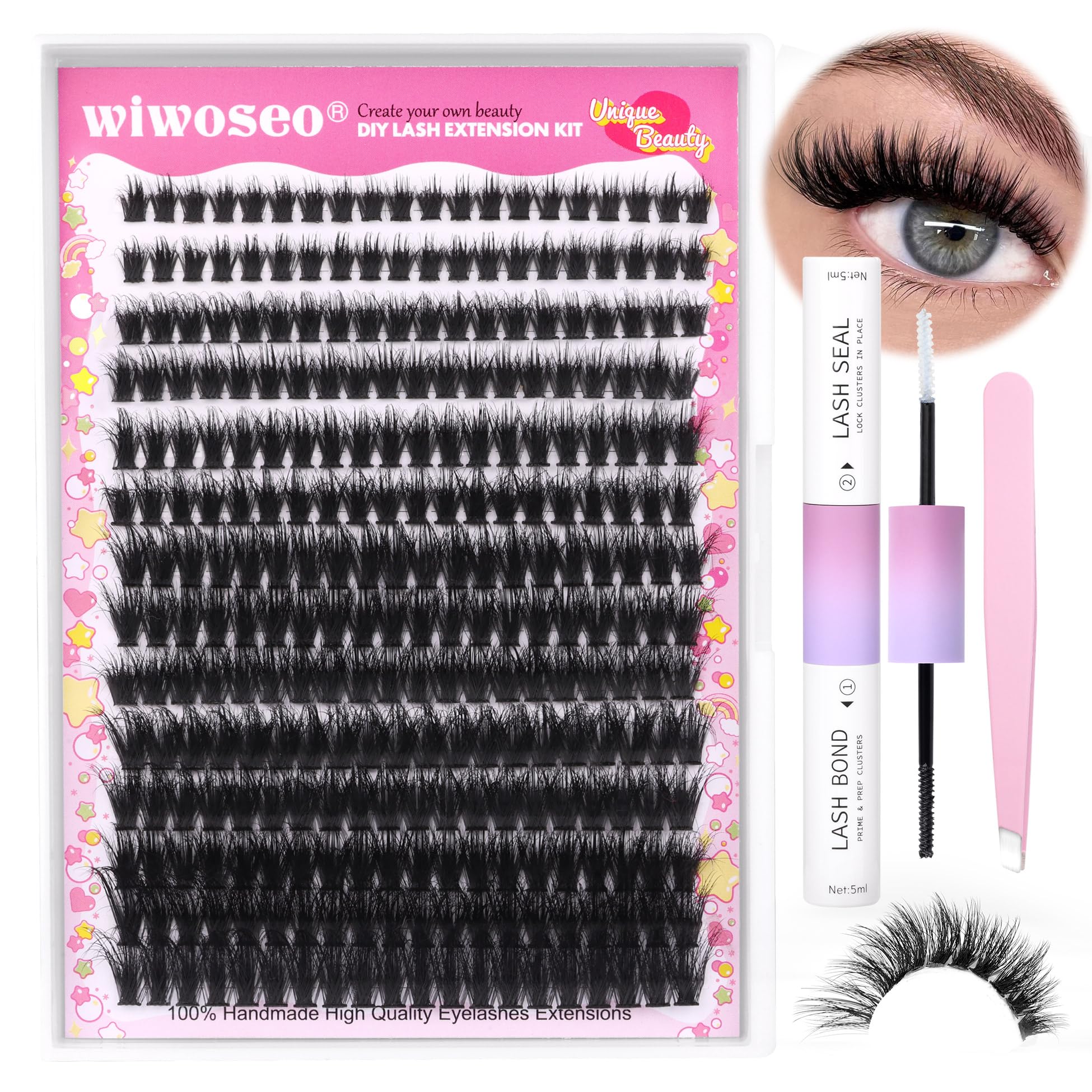 wiwoseo Fluffy Lash Extension Kit Lash Clusters Kit with Lash Bond and Seal Lash Glue Mink Individual Eyelashes Kit with Tweezers for Self Application (0.07D Volume, 60P, 10-20MM)