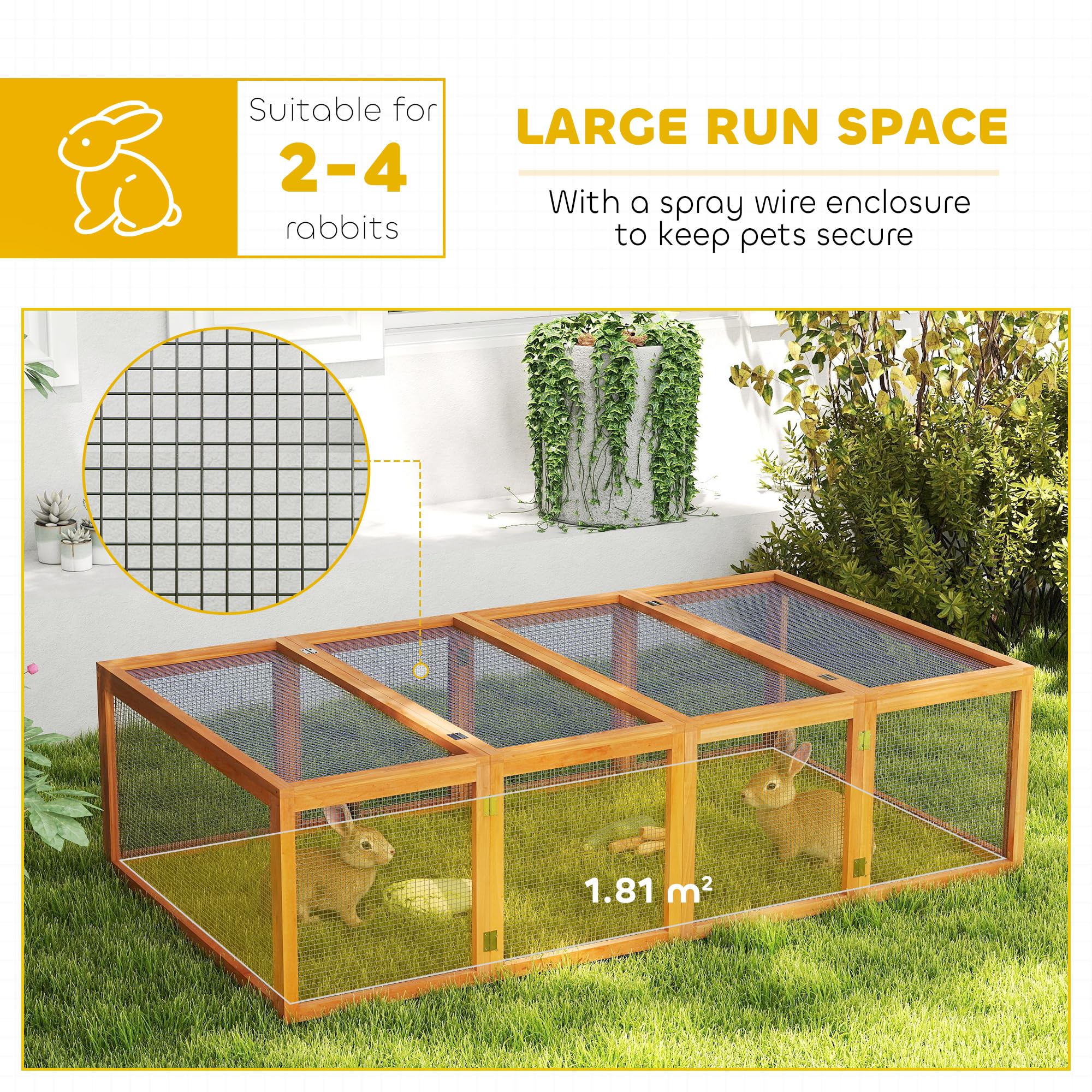 Pawhut Rabbit Run Wooden Rabbit Hutch Cage 6ft with Wire Mesh, Openable Roof, Play Space for Outdoor, 181 x 100 x 48 cm, Natural Wood Finish — view 5