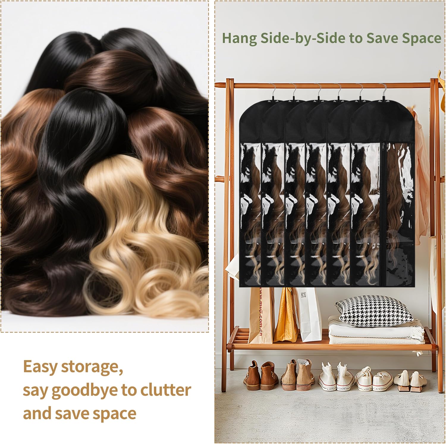 6PCS Hair Extensions Holder & Wig Storage Bags with Hanger Organizer for Multiple Wigs Dust-Proof, Breathable, Transparent PVC Window, Foldable Travel Solution