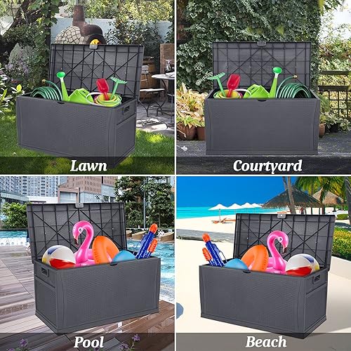Miniatura 5 de VINGLI Caja de almacenamiento al aire libre mejorada de 120 galones, contenedores de almacenamiento de plástico con cerradura con tapa, superficie