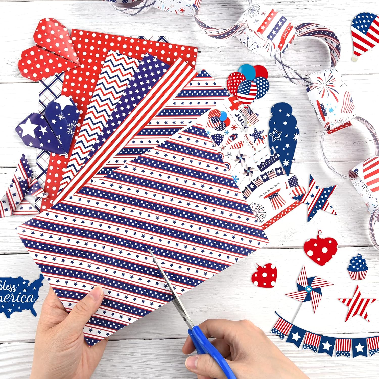 Morcheiong 45 Sheets 4th of July Pattern Paper Set A4 Size Decorative Paper Double-Sided Craft Origami Paper for Independence Day Scrapbooking Card Making Crafting, 10 Designs