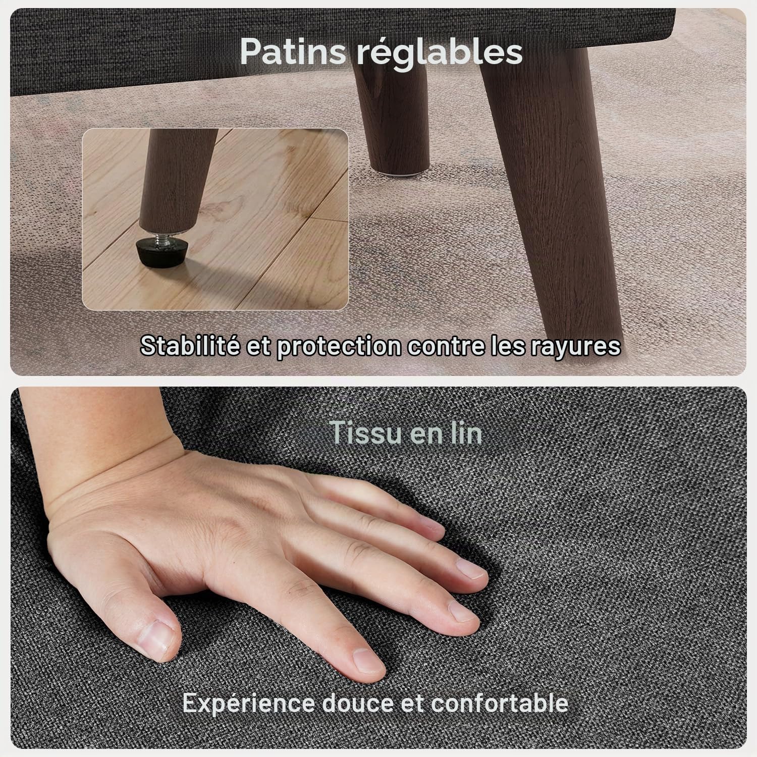 Banquette Coffre, Banc Bout de Lit en Lin, Gris