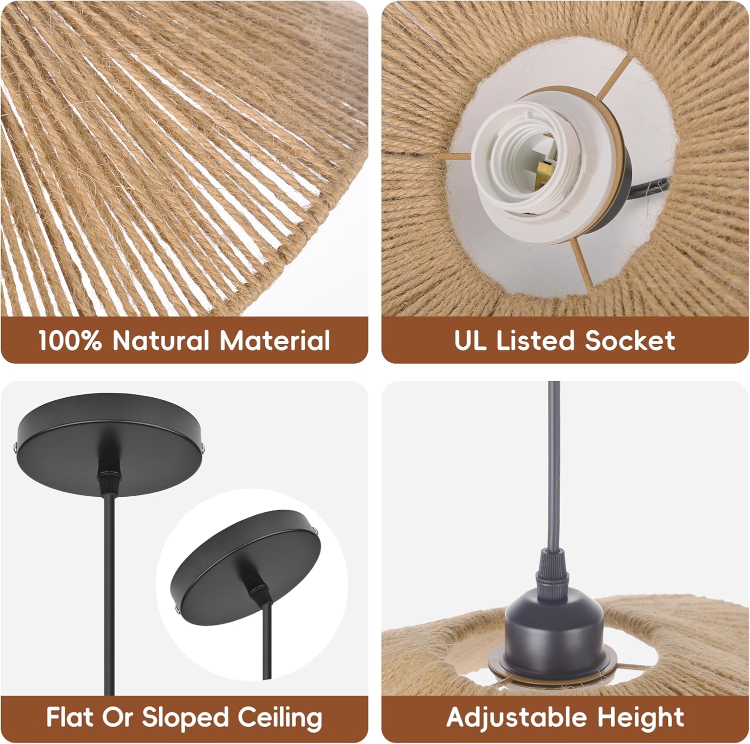 11.8" Boho Pendant Lights Kitchen Island, 1-Light Hand Woven Rope Ceiling Light Fixture Wicker Farmhouse Rustic Small Chandelier Hanging Lamp for Dining Room, Bedroom, Living Room, Entryway, Foyer