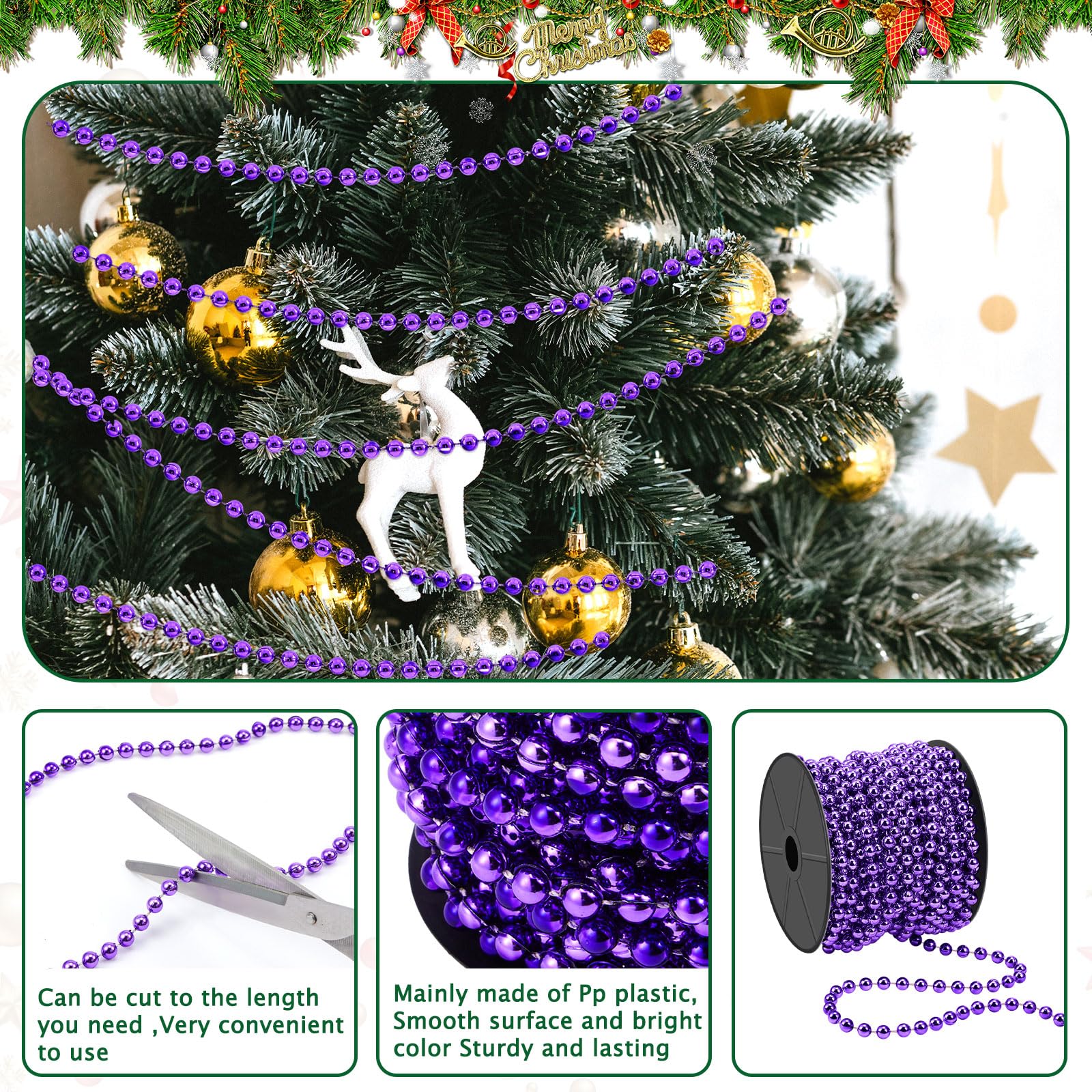 Chuangdi Kerstkralenketting Als Decoratie Kerstboomversiering Kunststof Slingers Voor Trappen en Bruiloften(Paars,15m,6mm,Klassiek