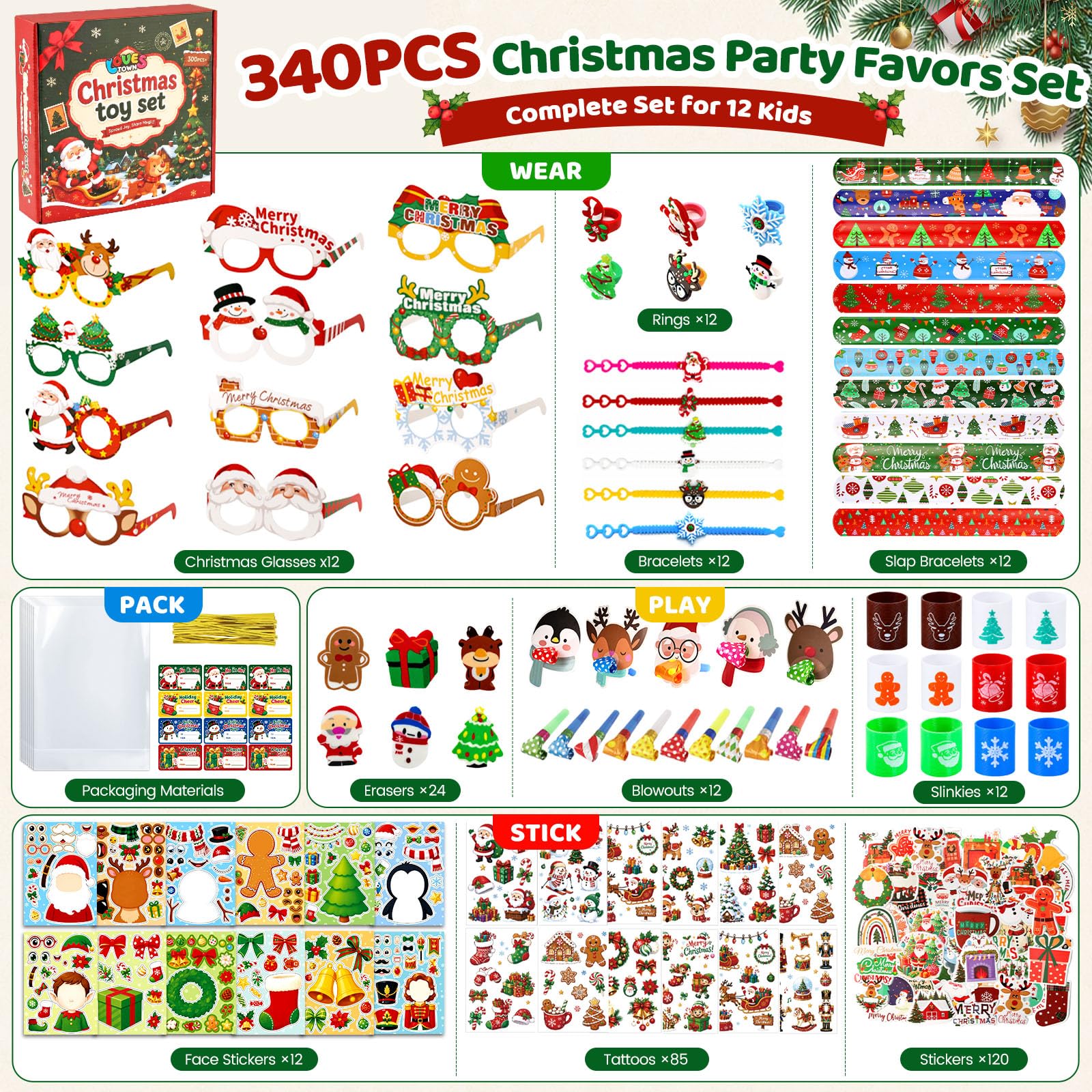 LovesTown 340PCS Christmas Party Favor Set for 12 Guests