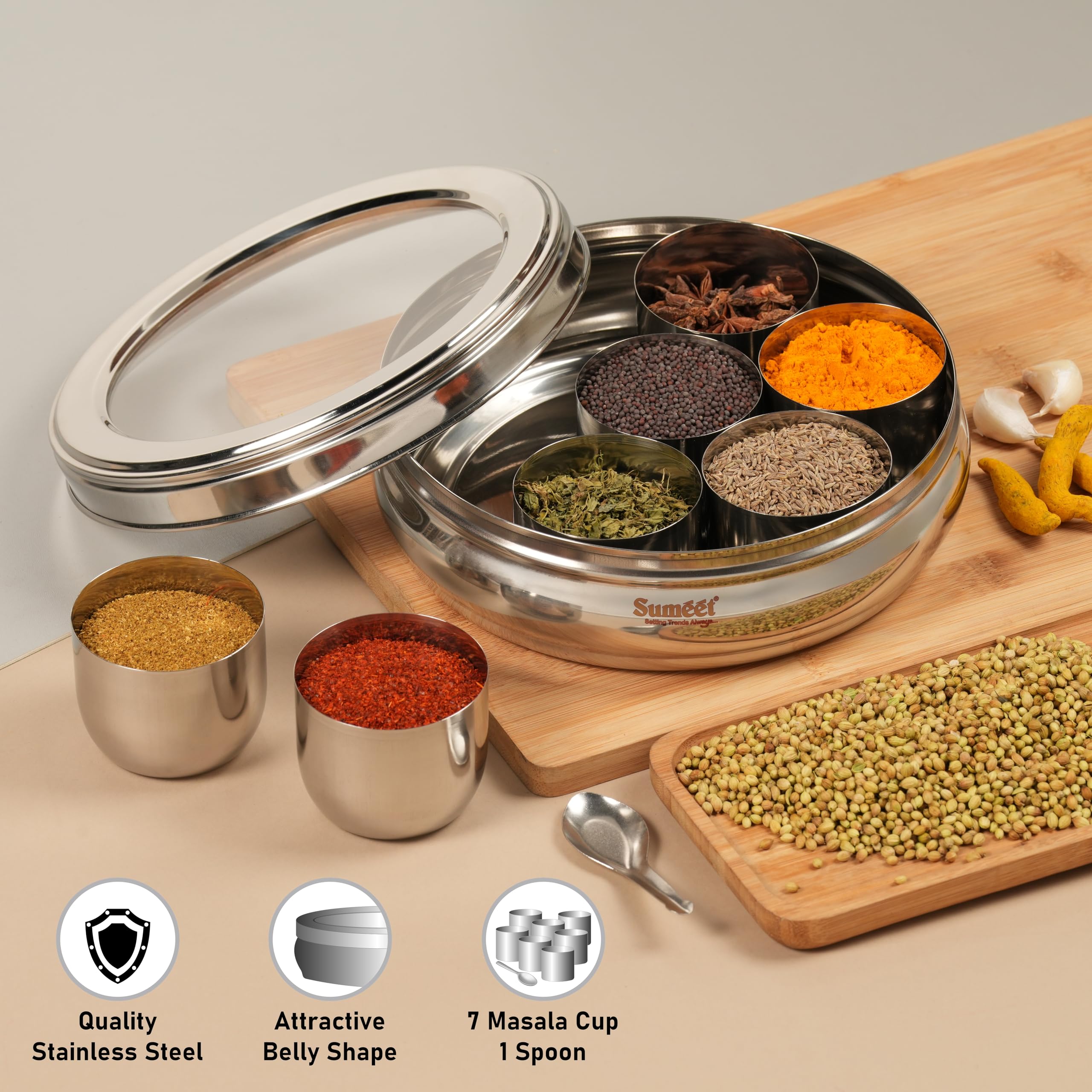 Sumeet Stainless Steel Belly Shape Masala (Spice) Box/Dabba/Organiser With See Through Lid With 7 Containers And Small Spoon (Big), Beige 4