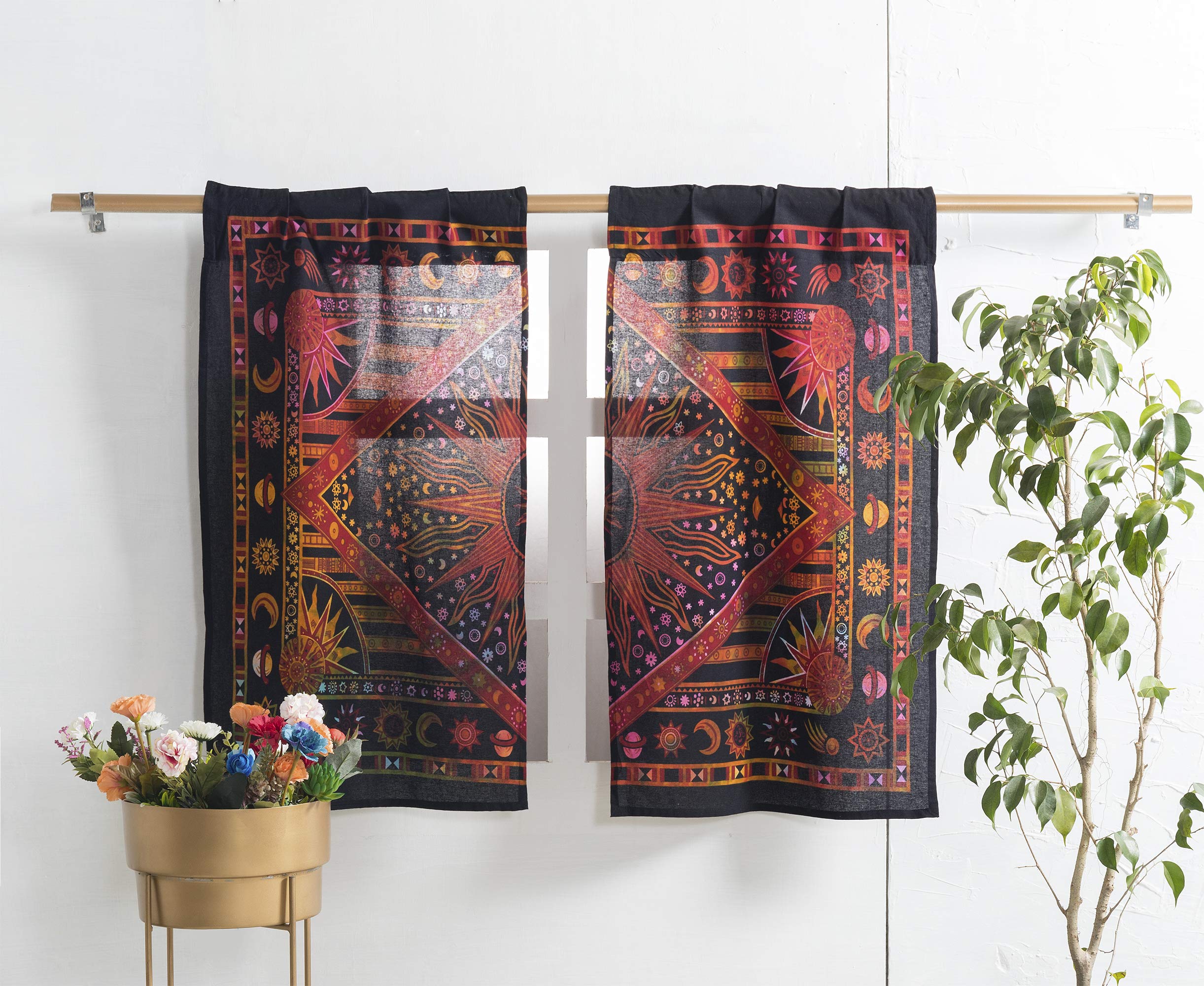 Popular Handicrafts Indian Burning Sun Hippie Mandala Kitchen Window Curtains - Gypsy Tye Dye Bohemian Sun Moon Beautiful Drapery Bedroom Living Room Balcony Valance Panels Golden