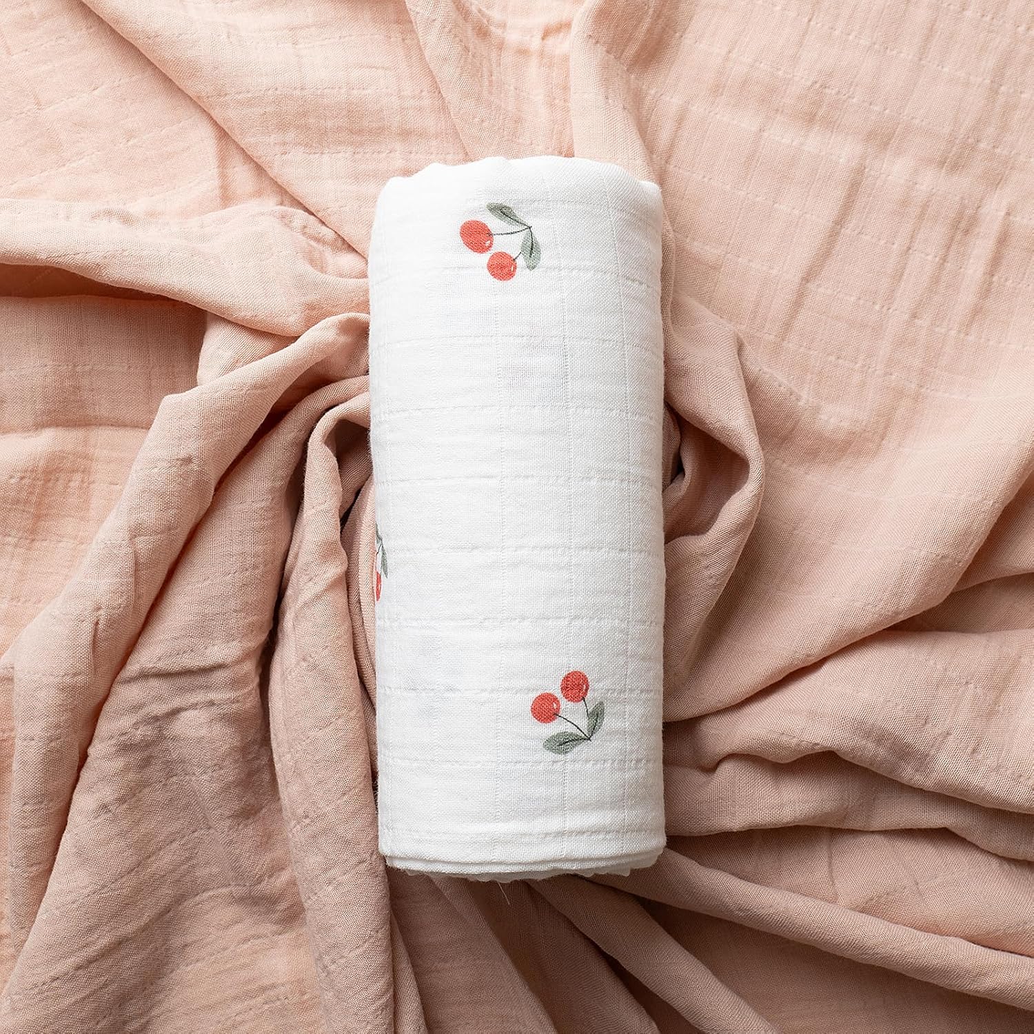 Miaoberry GOTS Certified Organic Muslin Swaddle Blankets, 2 Pack Baby Receiving Blankets, Soft Breathable Cotton Swaddles for Newborn Girls, Cherry & Blush Pink