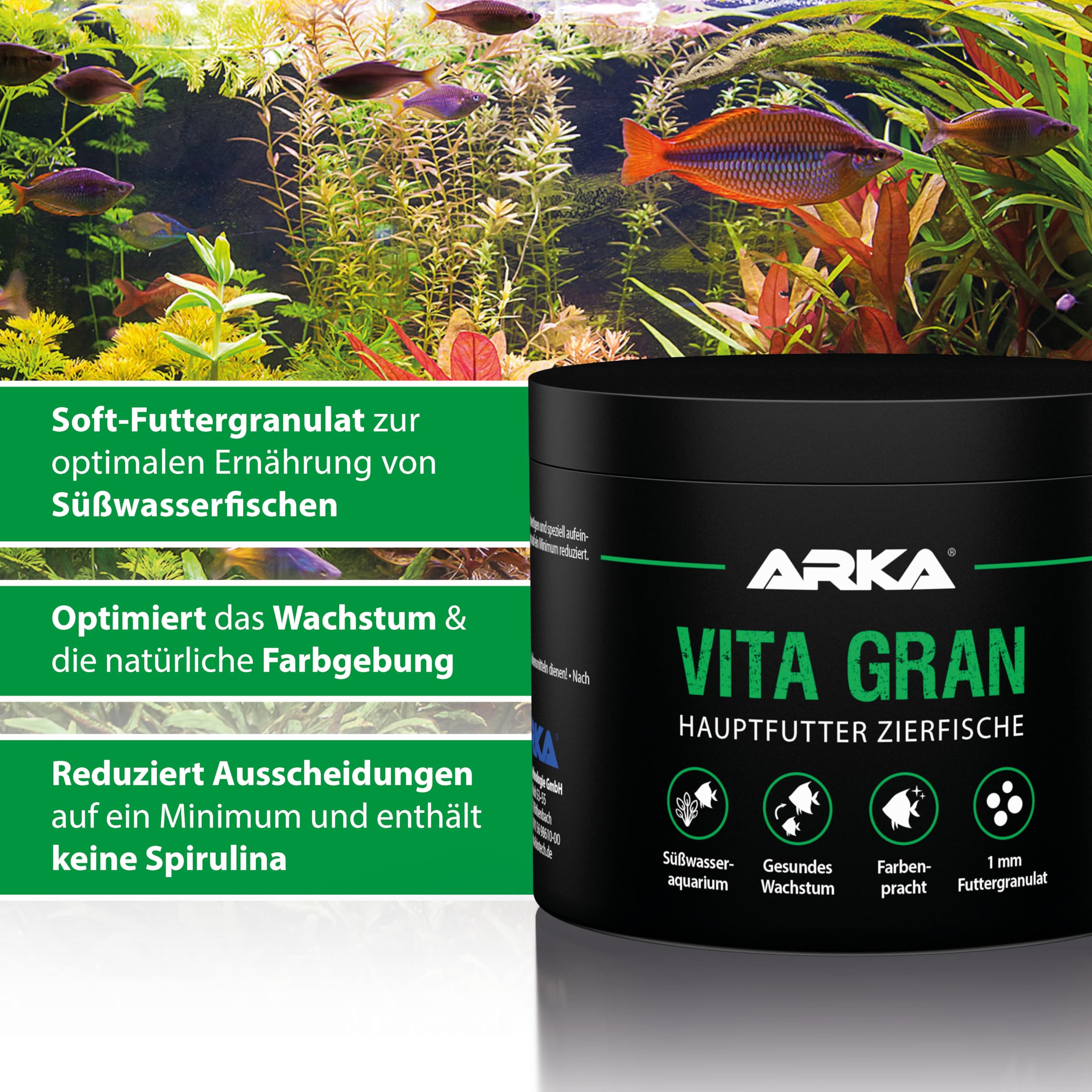 Fischfutter Granulat 500 ml / 300 g – kaltgepresstes Soft-Granulat für Süßwasserfische – für Vitalität, gesundes Wachstum & lebendige Farben – ARKA Vita Gran