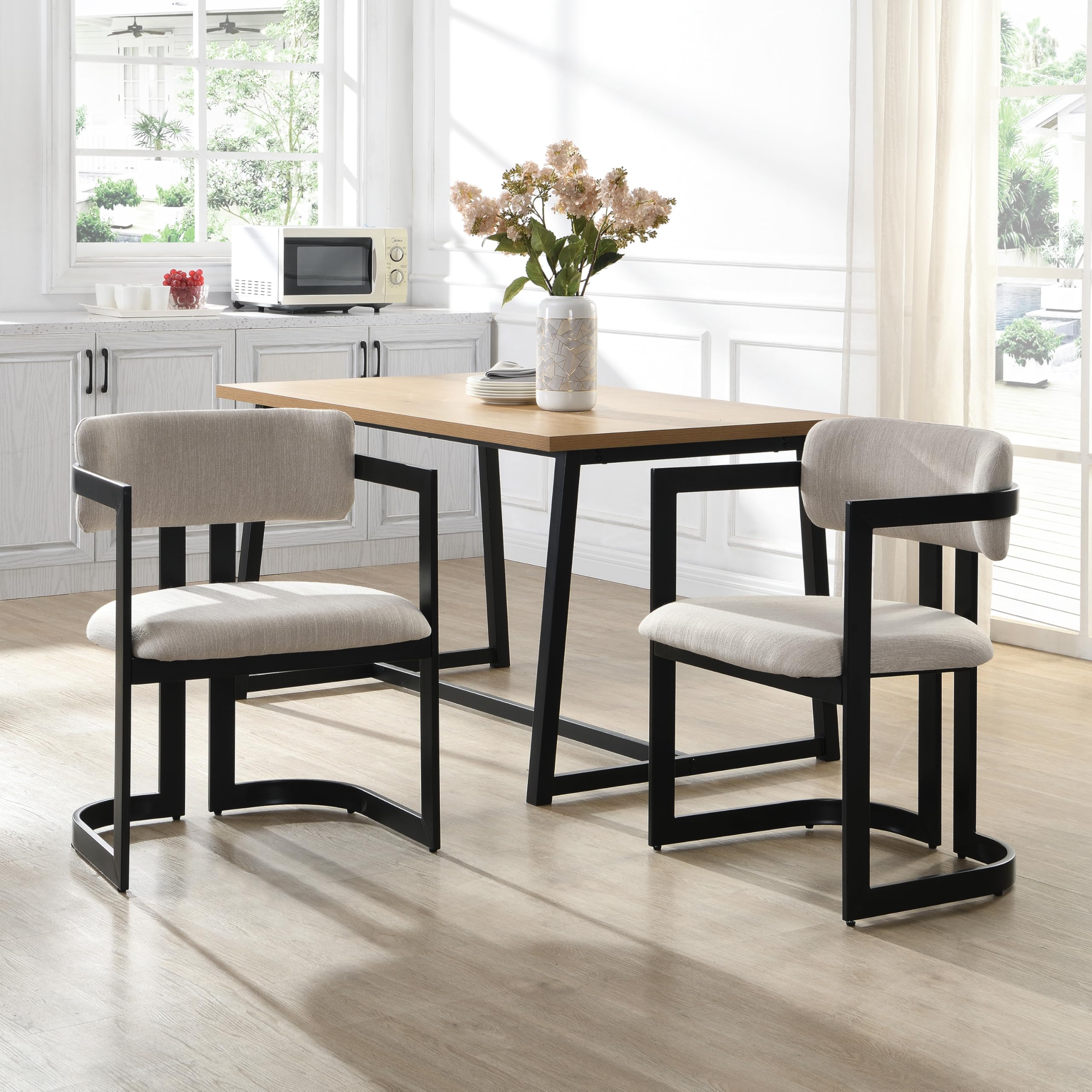 Upholstered Dining Chairs Set of 2, Beige Fabric Armchairs with Black Metal Frame, Compact Design for Modern Dining Spaces, 23.5" W x 21.25" D x 32" H