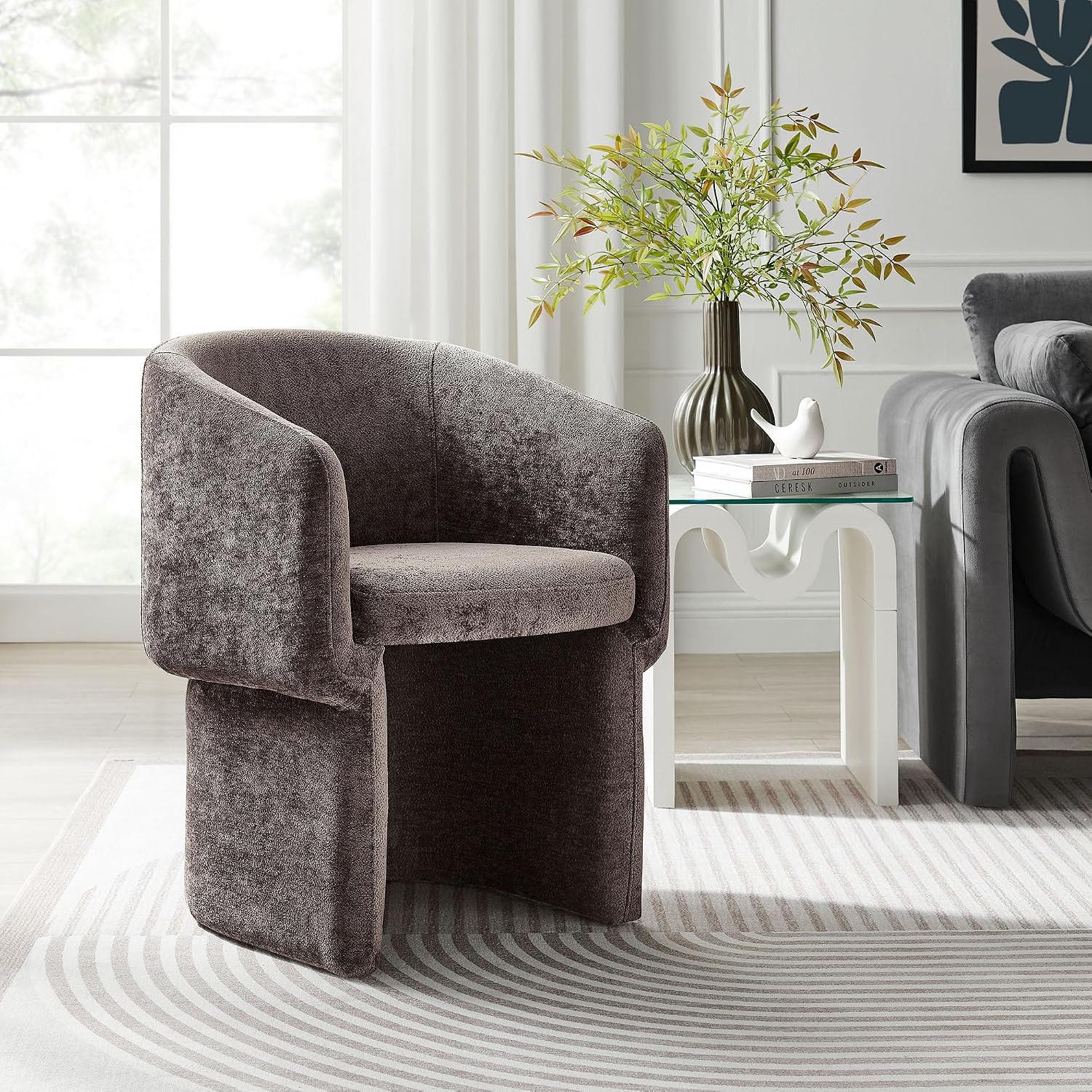 Modway Verity Modern Chenille Barrel Dining Chair in Chocolate Brown - Fabric Upholstered Round Accent Armchair with Curved Back - Padded Dining Chair or Club Chair - Cozy Living Room Accent Chair