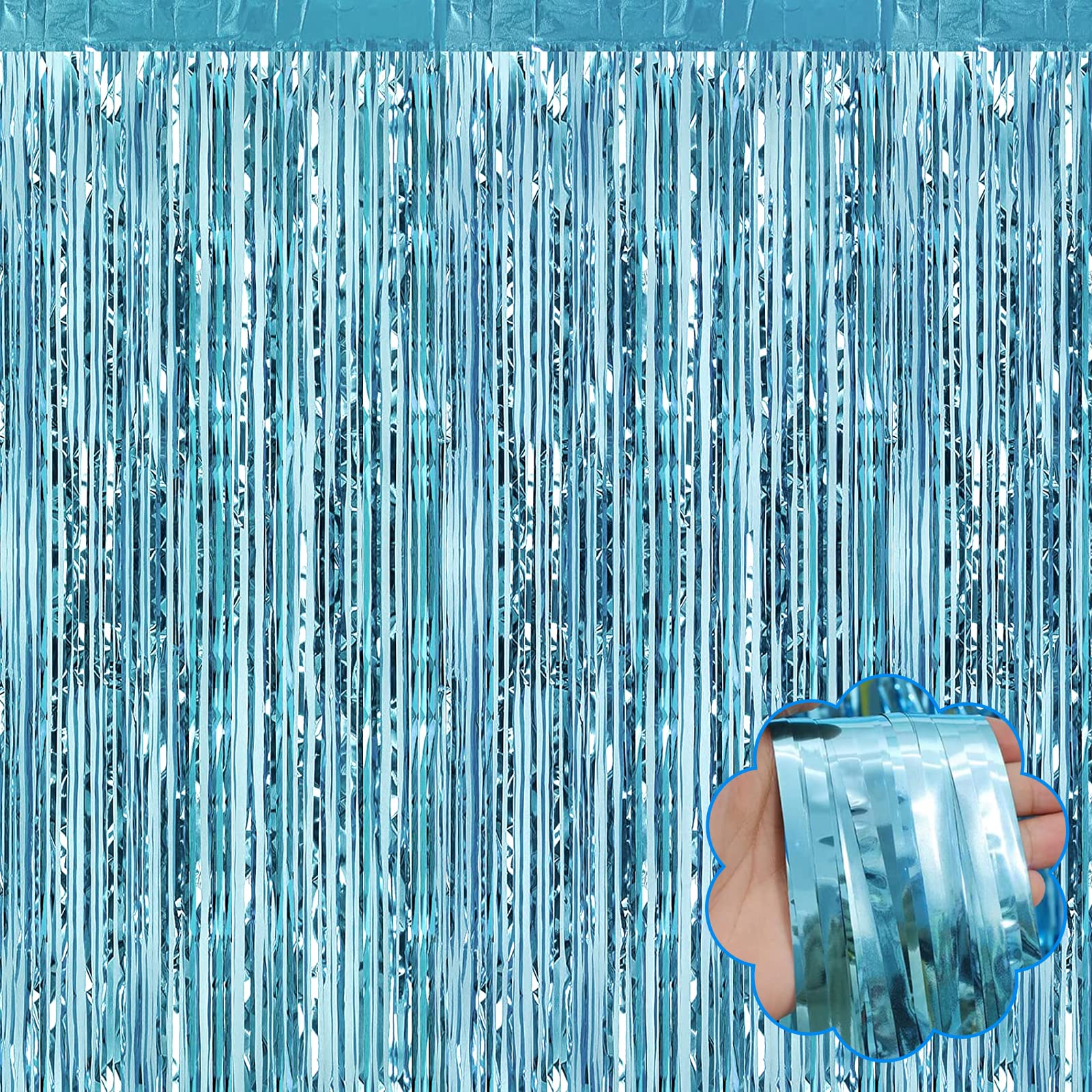 8 Pack Light Blue Tinsel Foil Fringe Curtain Backdrop, 3.28Ft x 8.2Ft Metallic Streamers for Photo Booth, Birthday, Wedding, Thanksgiving Day,