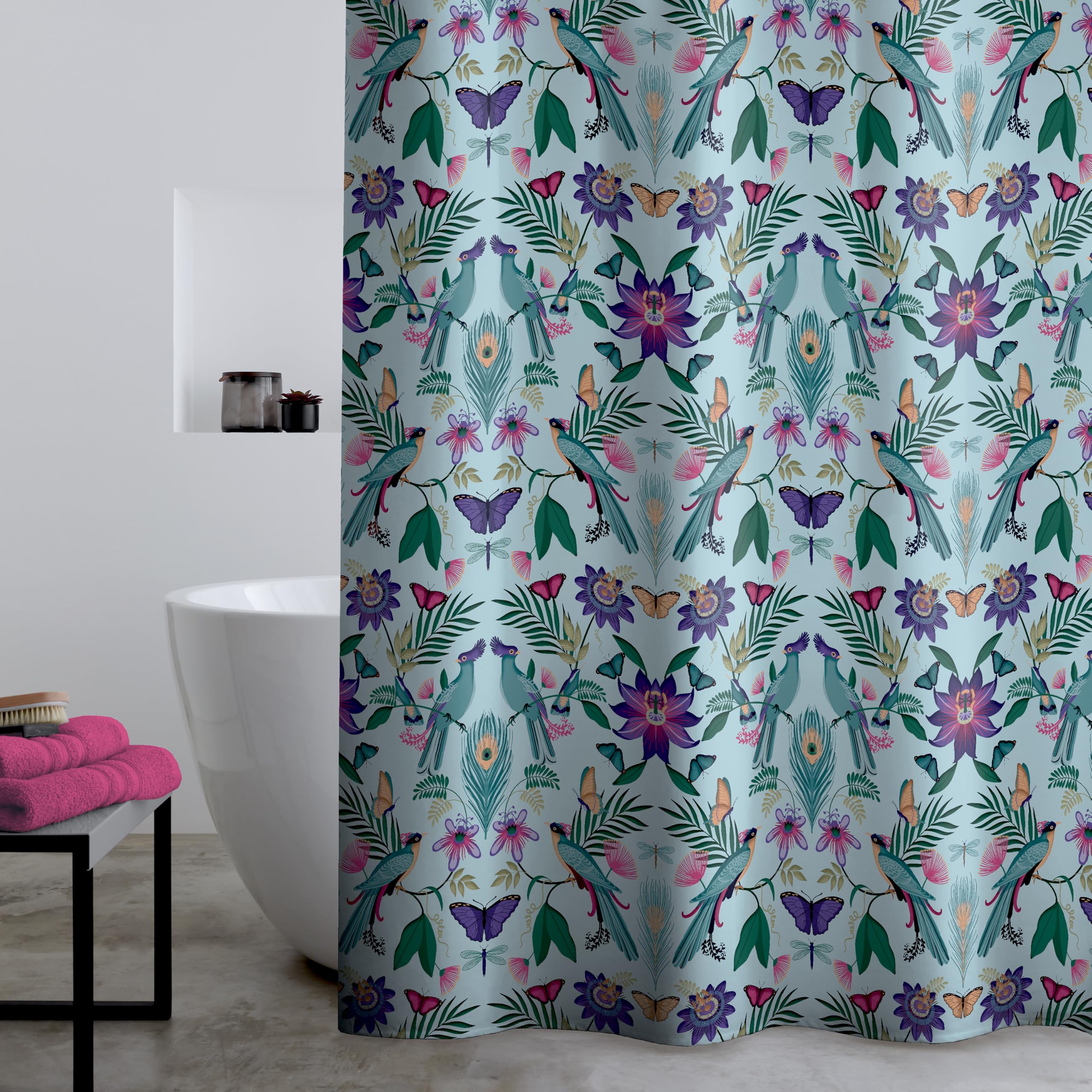 Catherine Lansfield  Blue Mya Tropical Bird Shower Curtain in Size 180x180cm, Sports Direct