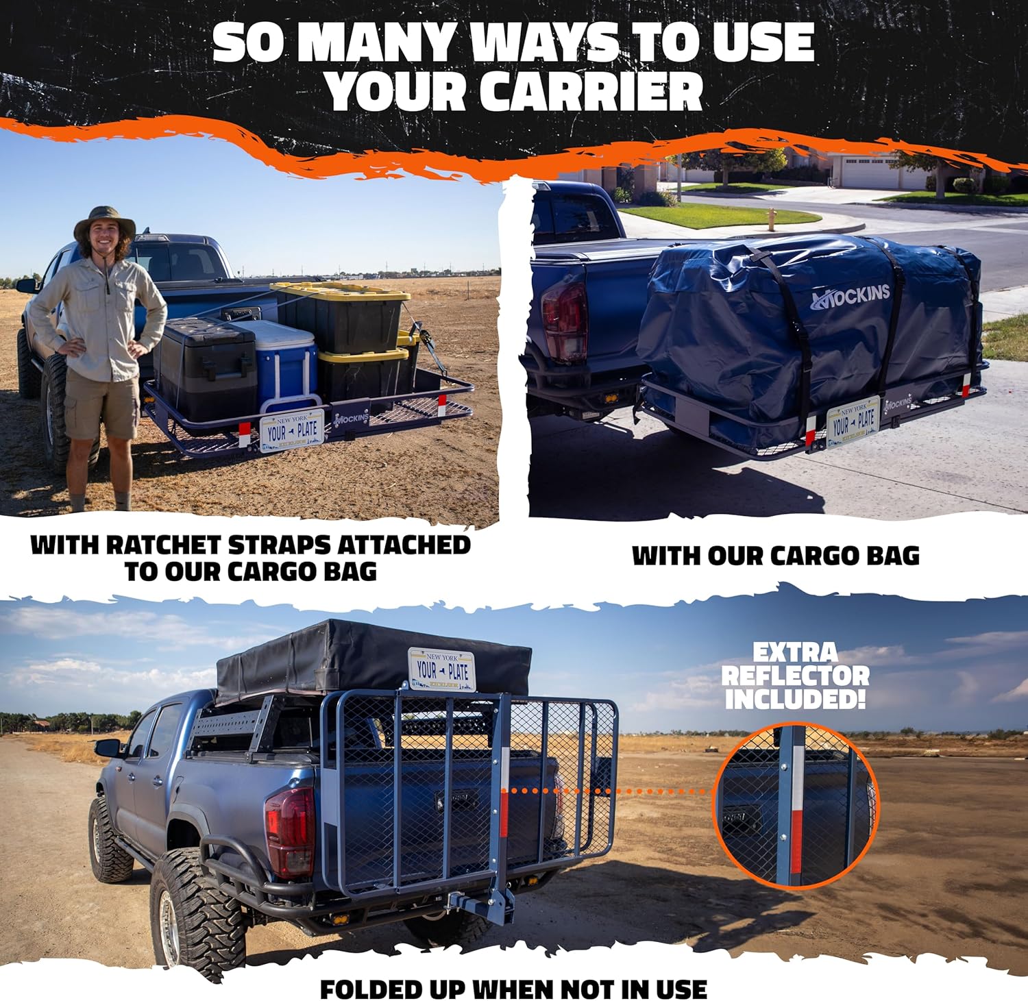 Mockins 60"x30"x6" Navy Trailer Hitch Cargo Carrier & 30 Cu Ft Waterproof Cargo Hitch Carrier Bag | 500 Lbs Cap Steel Folding Luggage Rack for SUV Truck Van & RV w/License Plate Bracket & Accessories