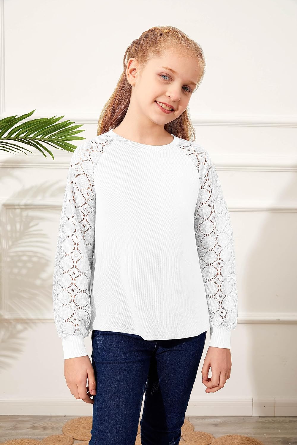 Batermoon Girls' Long Sleeve Shirts Lace Loose Fit Casual Crewneck Blouses Tops 5-14 Years - Image 4