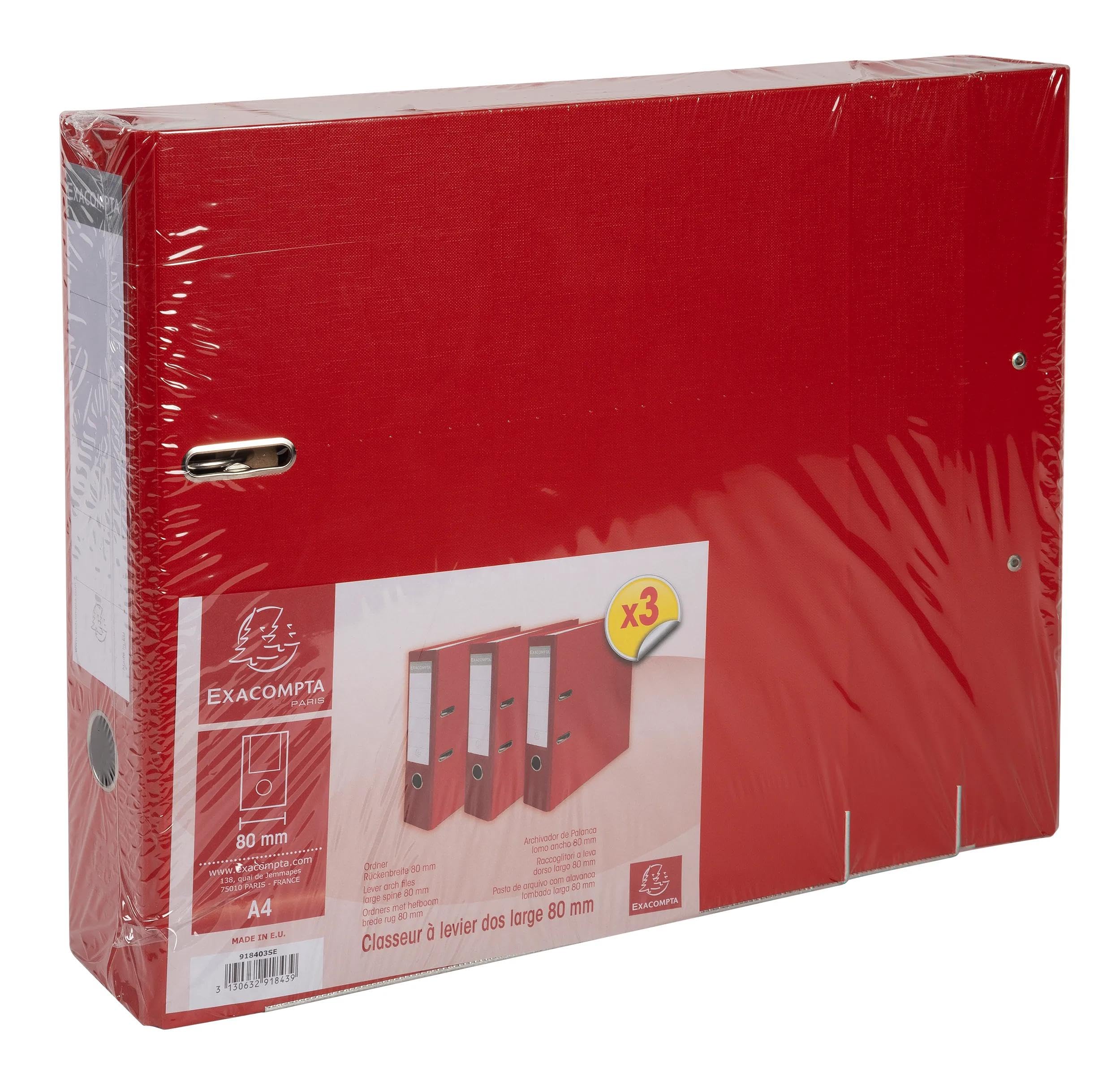 Exacompta - Ref. 918403SE – Karton mit 4 x 3 Aktenordnern, Rücken 80 mm, A4-Format, außen aus Polypropylen, innen Papier, Rot