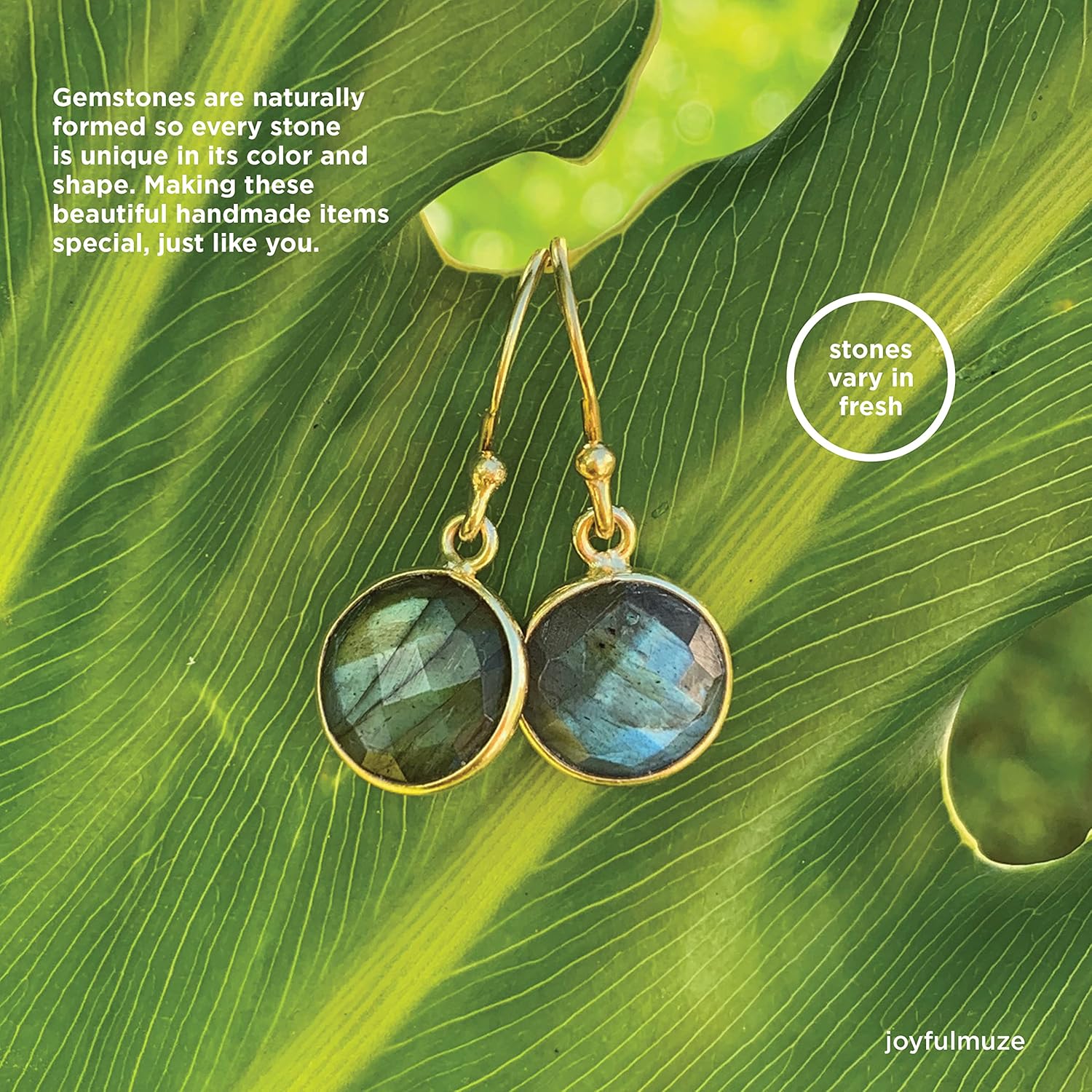 Natural Gemstone Dangle Drop Earrings for Women – Citrine, Moonstone, Black Tourmaline, Amethyst, Rose Quartz, Labradorite – Handmade Sterling Silver 18K Gold Plated Hooks 10mm Jewelry Gift