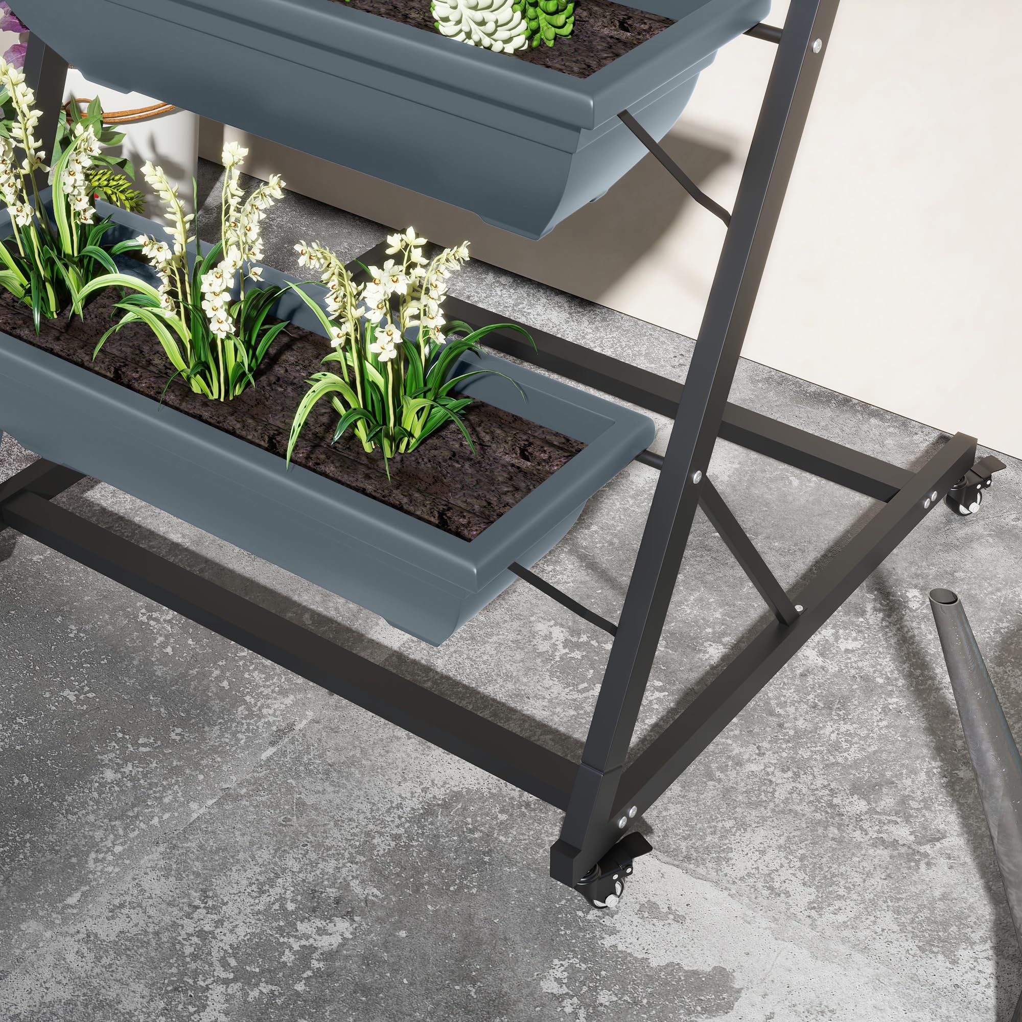 Outsunny 5-Etagen Pflanzenständer, 145 cm hoch Blumenständer mit Rollen Töpfe, Pflanzenregal aus Stahl, mehrstöckig Blumenregal, Blumentreppe Blumentopfständer für Garten Balkon, Grau