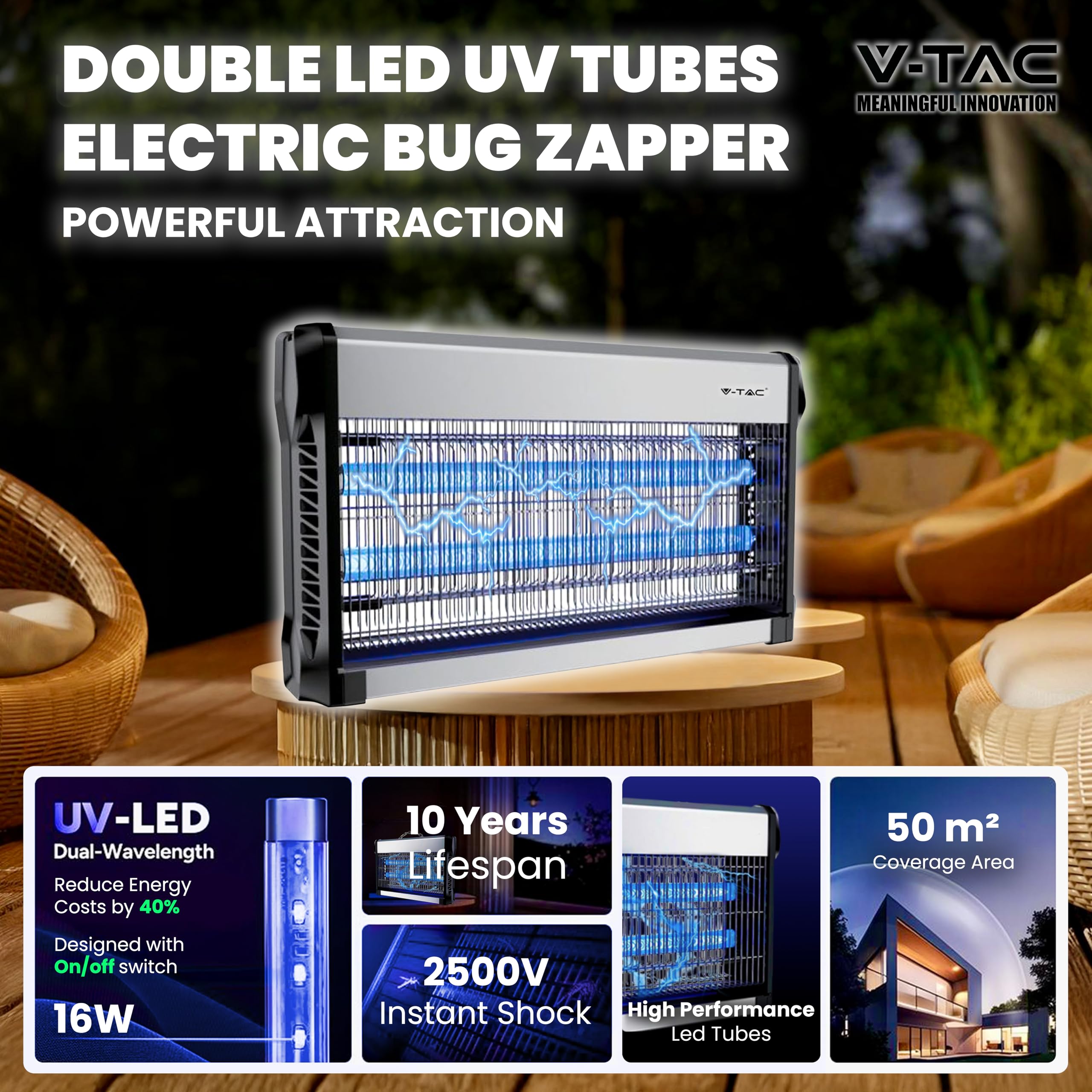 V-TAC Zanzariera Elettrica 30W con Area di Azione 100 m² - Design Sottile - Zanzariera con Luce Blu UV per Uso Interno ed Esterno - Trappola Elettrica contro Zanzare e Insetti - Potenza 30W