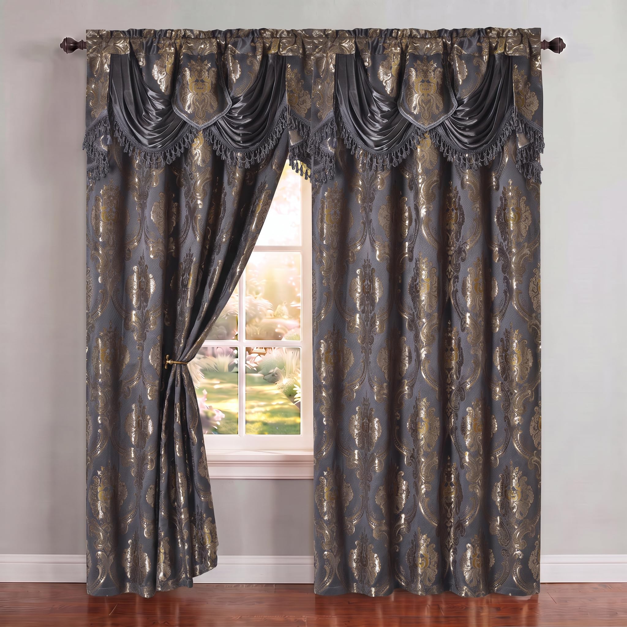 Luxe Love. Tenda a pannello in jacquard con mantovana attaccata, set da 2 pezzi (grigio scuro, 137,2 cm di larghezza x 213,4 cm di altezza con mantovana da 45,7 cm x 2 pezzi)