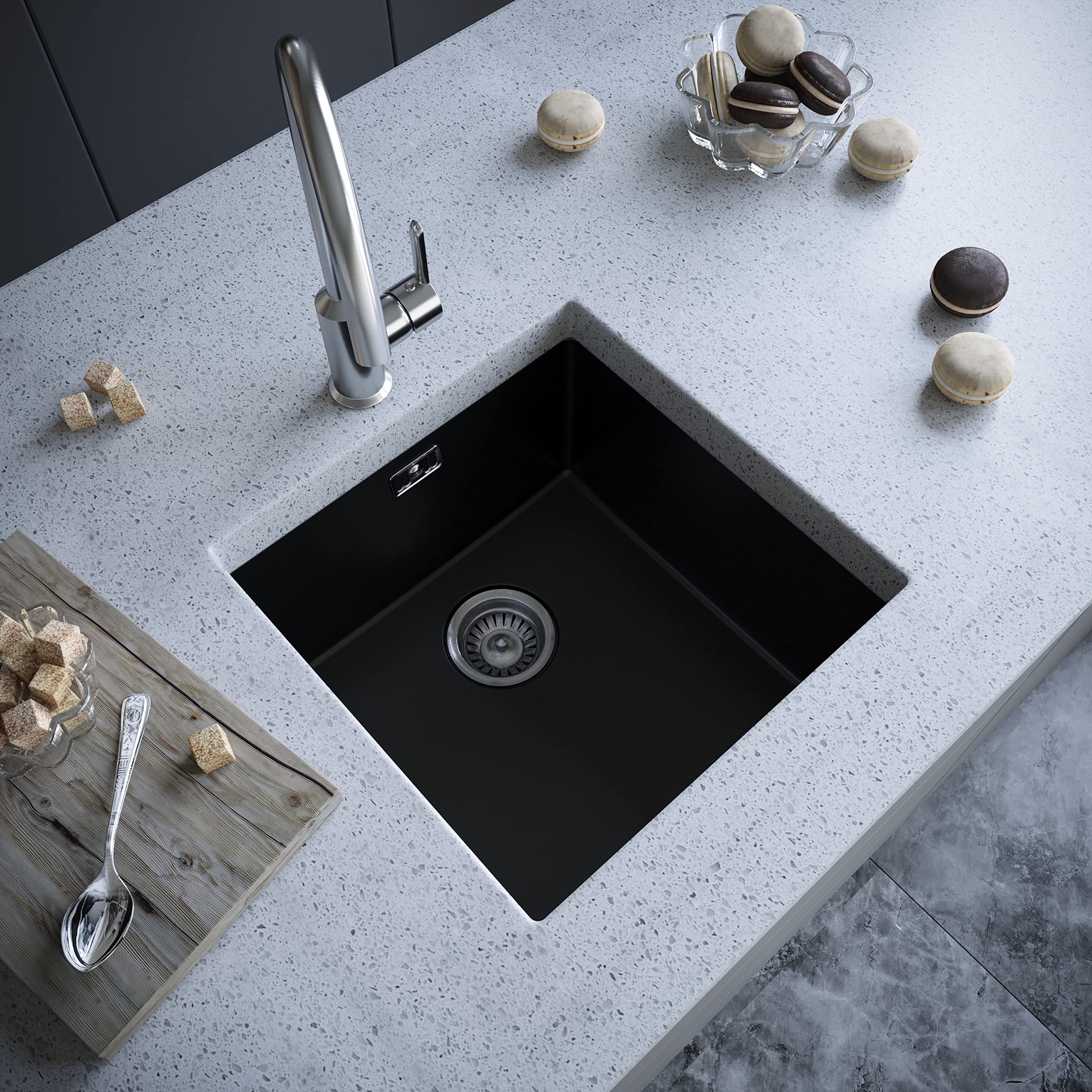 Kitchen Sink with Strainer & Overflow - Luxurious Single Bowl Kitchen Sinks Made of Pressed Material - Scratch Resistant & Simple to Keep Clean – Hygienic & Sound Absorbing (Matt Black)