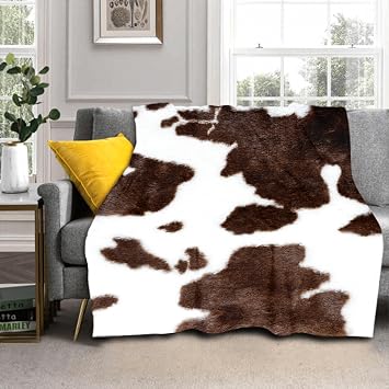 Cowhide Print Throw Blanket Brown White Cow Hide Lightweight Cozy Flannel Blanket Western Animal Cowprint Breathable Warm Soft Blankets for Bedroom Living Rooms Sofa Couch 40x50 Inches