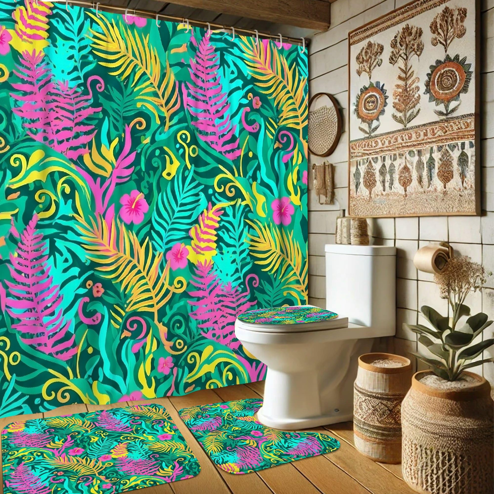 Rideaux de douche turquoise avec motifs fleurs tropicales et feuilles