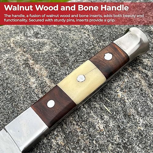 Miniatura 5 de MedievalDepot Full Tang - Espada de seax vikingo con mango de hueso, hoja de acero al carbono hecha a mano, inserciones de madera de nogal y hueso,