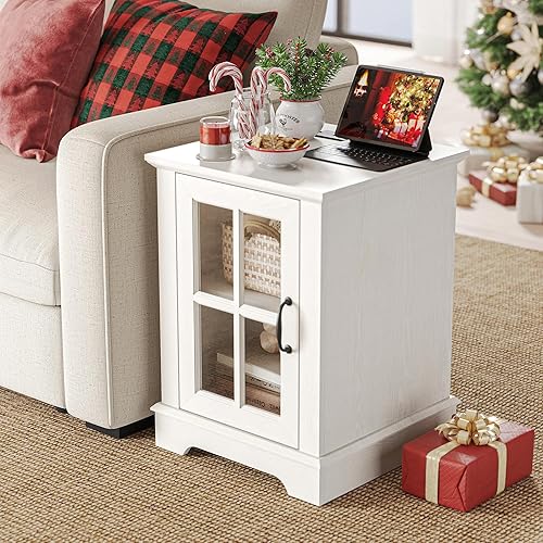 Miniatura 2 de LINSY HOME Mesa auxiliar con estación de carga, mesa auxiliar moderna con armario de almacenamiento y estante ajustable, mesa de sofá pequeña para