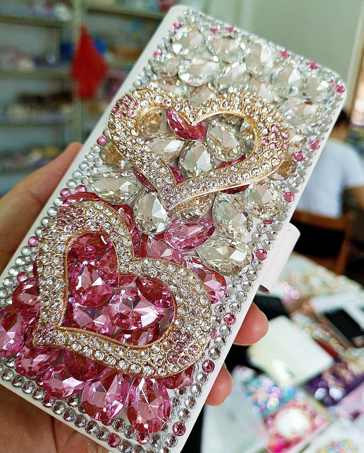 Compatible for Nokia X100 Case with 2PCS Glass Screen Protector, Sparkly Bling Girly Leather Slots Stand Wallet Flip Protective Women Phone Cover & Strap (Pink Love Heart)