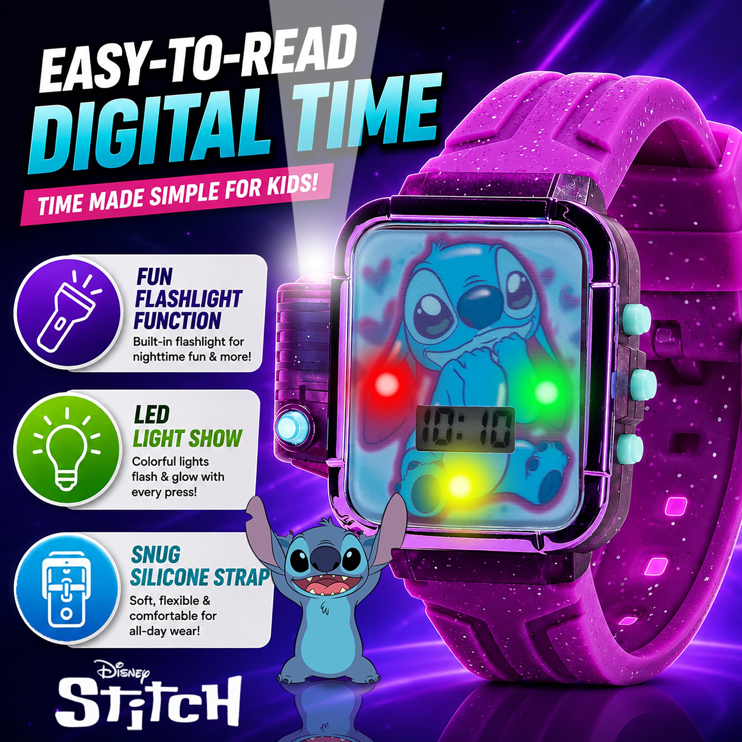 Disney Stitch - Orologio LCD per bambini con luce LED, torcia e cinturino | Display a LED luminoso, cinturino con caratteri stampati, design resistente all'acqua e vestibilità regolabile per polsi da