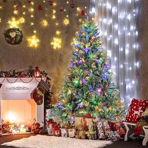 Miniatura 8 de GOFLAME Árbol de Navidad artificial preiluminado de 6 pies, árbol de Navidad con bisagras con 350 luces LED, 11 modos de iluminación, 1168 puntas de