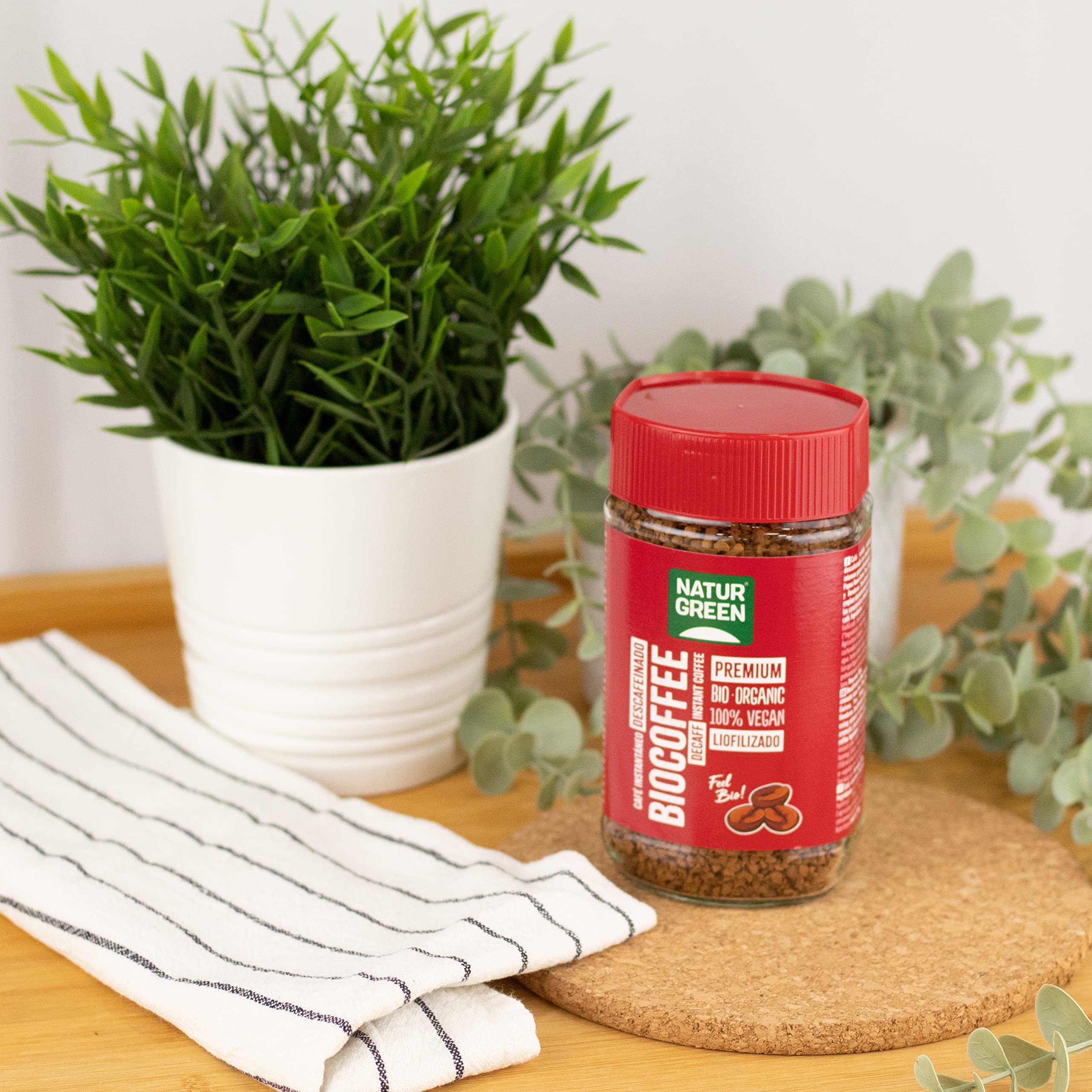 NaturGreen - Biocoffee Descafeinado Bio, Pack 6 x 100 g, Café Soluble Ecológico Instantáneo, Sin Cafeína, Vegano y Sostenible, Agricultura Ecológica
