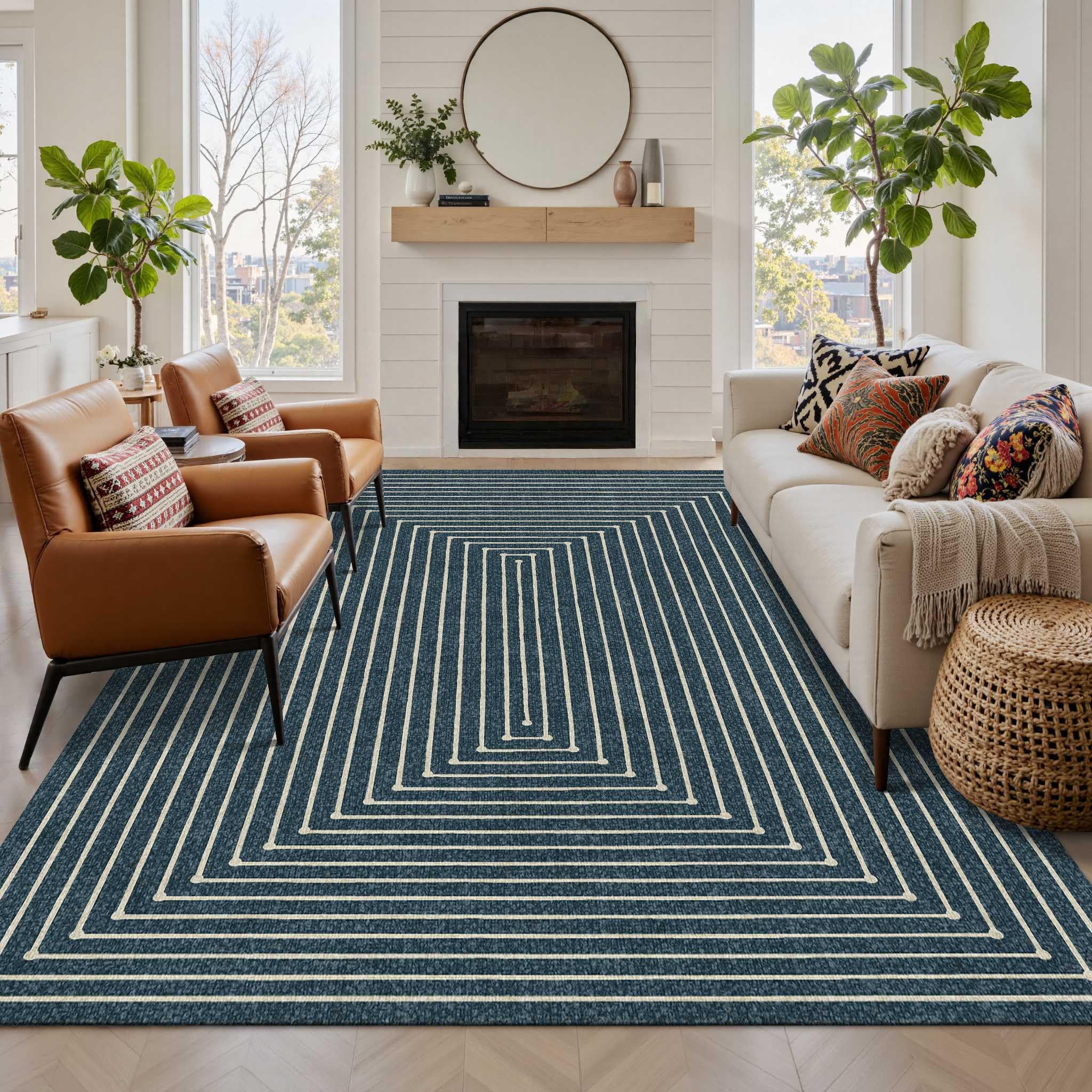 Latte&Fog 5x7 Area Rugs for Living Room Bedroom, Blue Modern Abstract Washable Rug, Boho Non Slip Low Pile Carpet for Indoor Dining Room, Dorm,