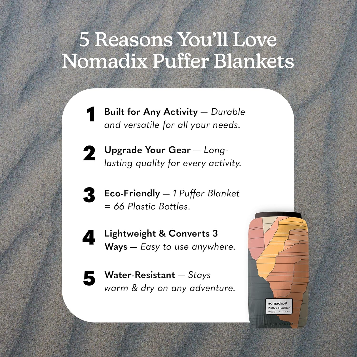 Nomadix Grand Canyon Puffer Blanket – Water-Resistant, Eco-Friendly Insulated Blanket with Snaps for Camping, Beach, and Travel, Made from Recycled Materials - Image 2