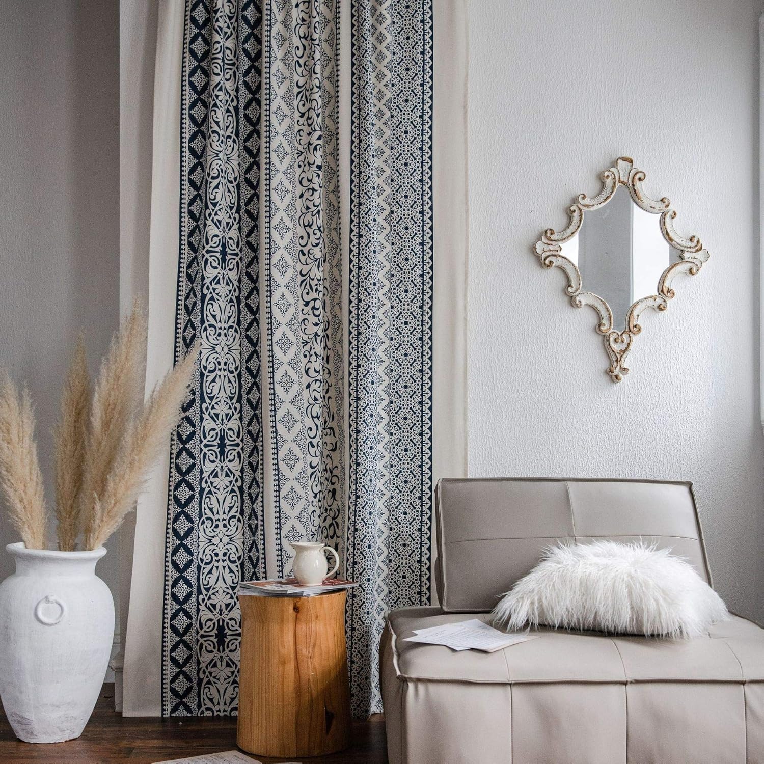 Boho Cotton Linen Window Curtain Panel Geometric Print Country Style Room Darkening Curtain Drapes for Bedroom Living Room, 1 Piece (Navy, W59 x L71, 1 Panel)