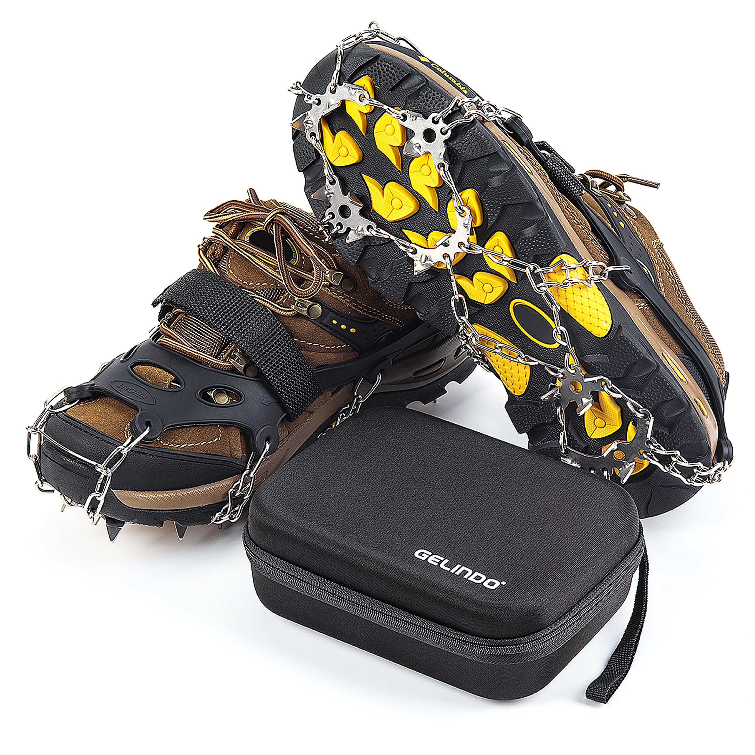Gelindo Crampons Ice Cleats Traction, 19 Spikes Stainless Steel for Snow Shoes Boots, Safe Protection for Hiking, Walking, Climbing, Jogging, Mountaineering on Snow Muddy Road Anti-Slip
