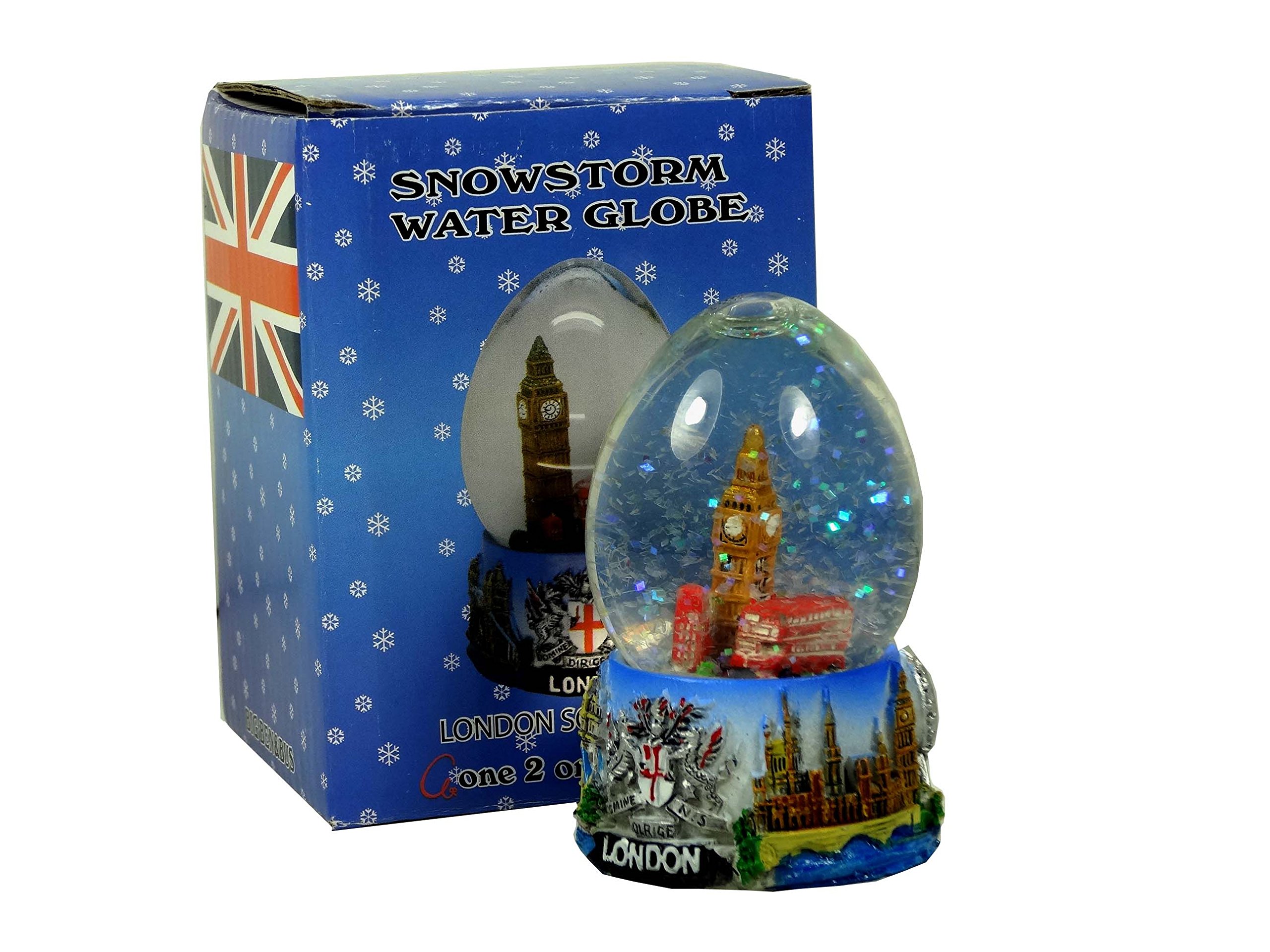 Snowstorm Water Globe (Small) Detailing London Lardmarks Big Ben, Red Bus and Telephone Box