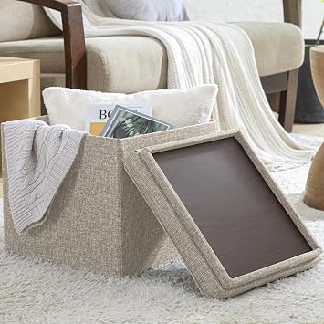 Ornavo Home Square Storage Ottoman Linen Foldable Tufted Cube Storage Ottoman Foot Rest Stool/Seat with Table Top Lid, Coffee Table Ottoman - 15" x 15" x 15" Beige