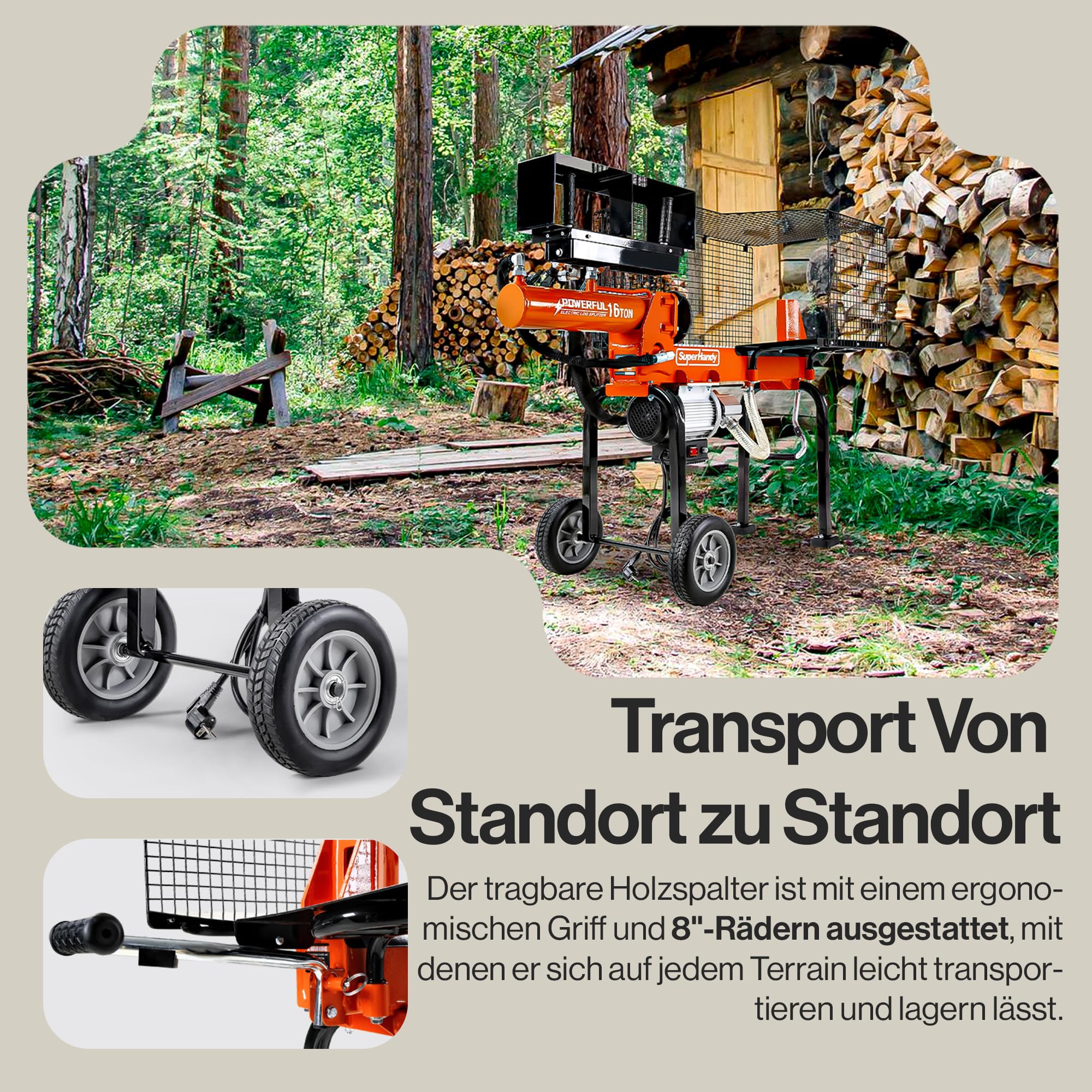 SuperHandy Holzspalter, 16 t Spaltkraft, 1500-W-Motor, Scheite 50 cm | Tragbar; 2-stufige 10-GPM-Hydraulikpumpe; Vollträger mit Stahlkeil für Brennholz, Forst- und Erntearbeiten