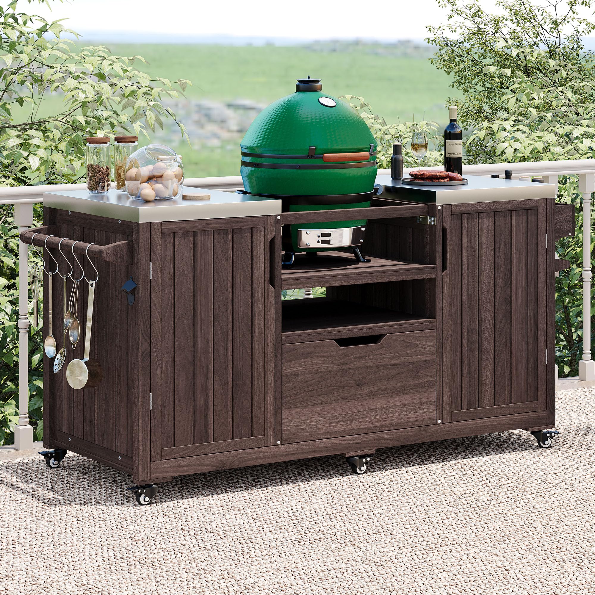 66.5" Outdoor Grill Cart with Storage, Movable Outdoor Kitchen Island with Stainless Steel Top & Wheels, Solid Wood BBQ Tables with Drawer/S-Hook/Bottle Opener for Outside Patio (Dark Brown)