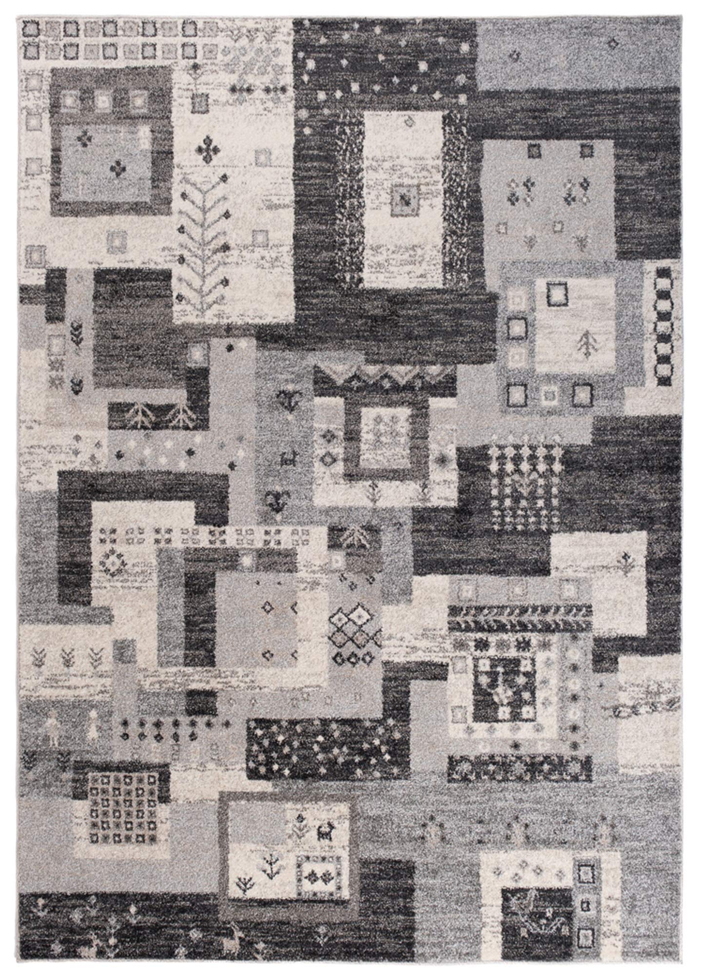 Tapiso Sari dywan z krótkim włosiem, nowoczesny, kwadratowy, paski, szary, kremowy, wielokolorowy, melanż, do salonu, sypialni, Ökotex 120 x 170 cm