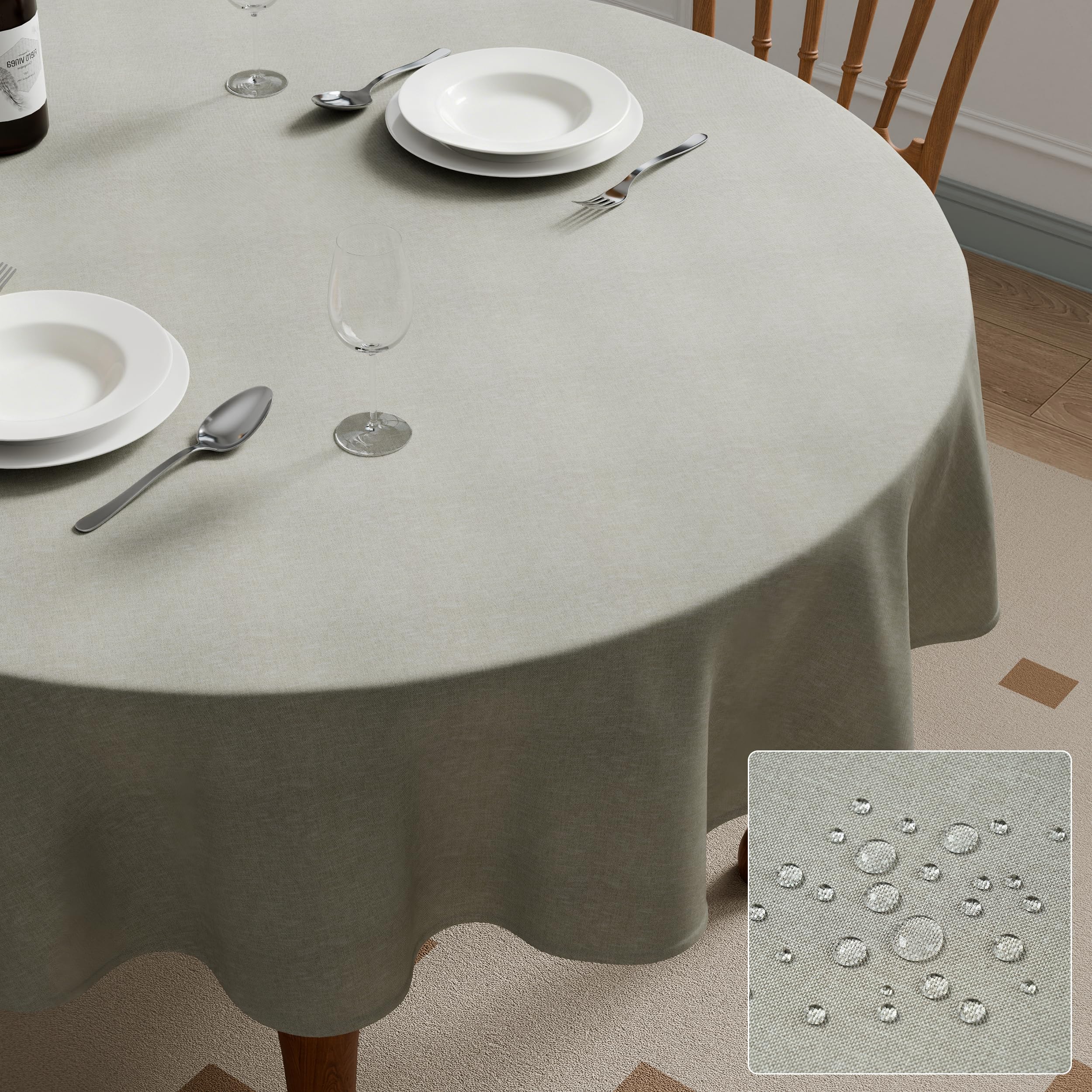 Roerf Round Tablecloth 140cm(55inch), Flaxen Faux Linen Spill-Proof Wipeable Water Resistant Table Cover for Dining Kitchen Garden Indoor Outdoor, 55x95inch