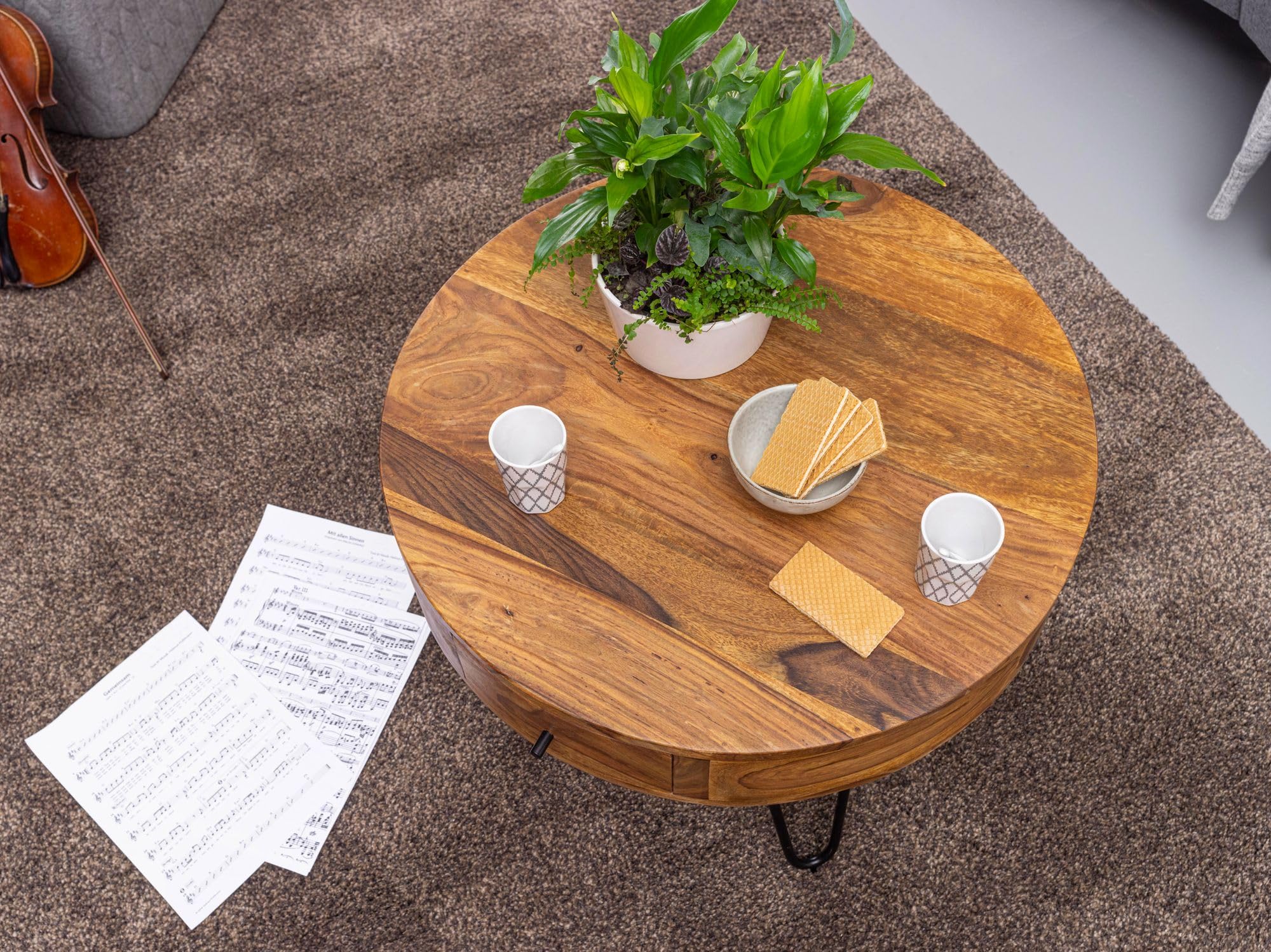 FineBuy Mesa de Centro Redonda Moderna 60x60x44,5 cm Madera Maciza de Sheesham | Mesa Auxiliar con cajones para Salón | Mesita Café Pequeña para Sofá
