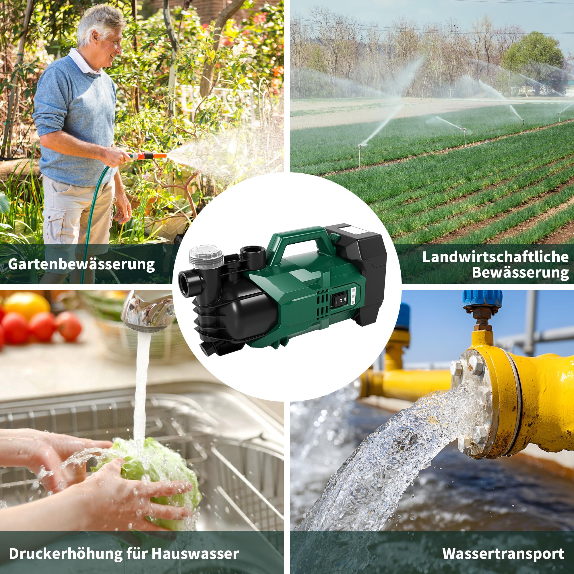 LANCHEZ Akku Gartenpumpe 2800 L/H, 18V 2000 mAh Akku, Max. Förderhöhe 22 m, ECO-/ Boost-Modus, Überlastschutz, Tragbare Akku Wasserpumpe für Regenfässer, Zisternen, Gartenteiche