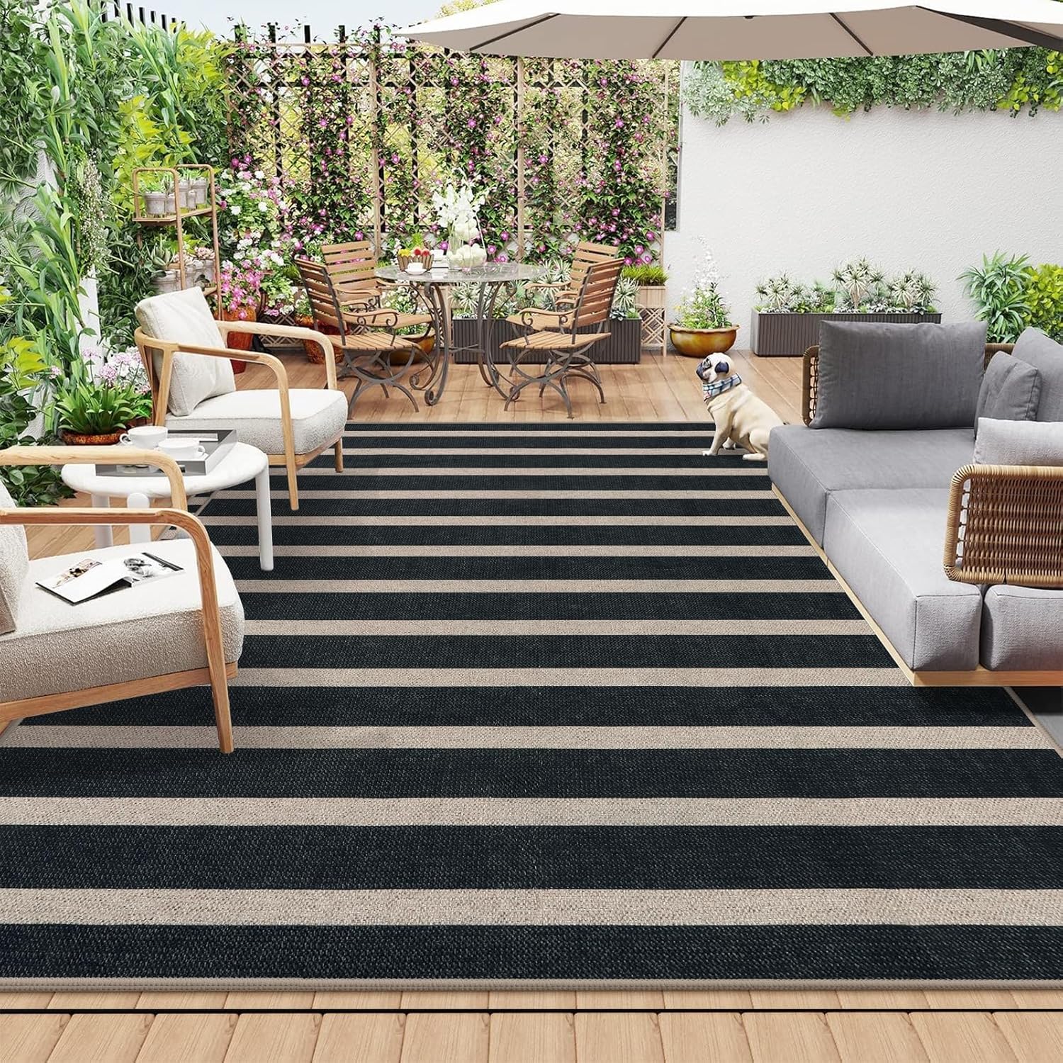 Lahome Striped Easy Jute Outdoor Rug 8x10, Washable Living Room Patio Rug Black Indoor Outdoor Carpet, Farmhouse Geometric Non Slip Non Shedding Carpet for Office Backyard Dining Room 8' X 10' Striped-4