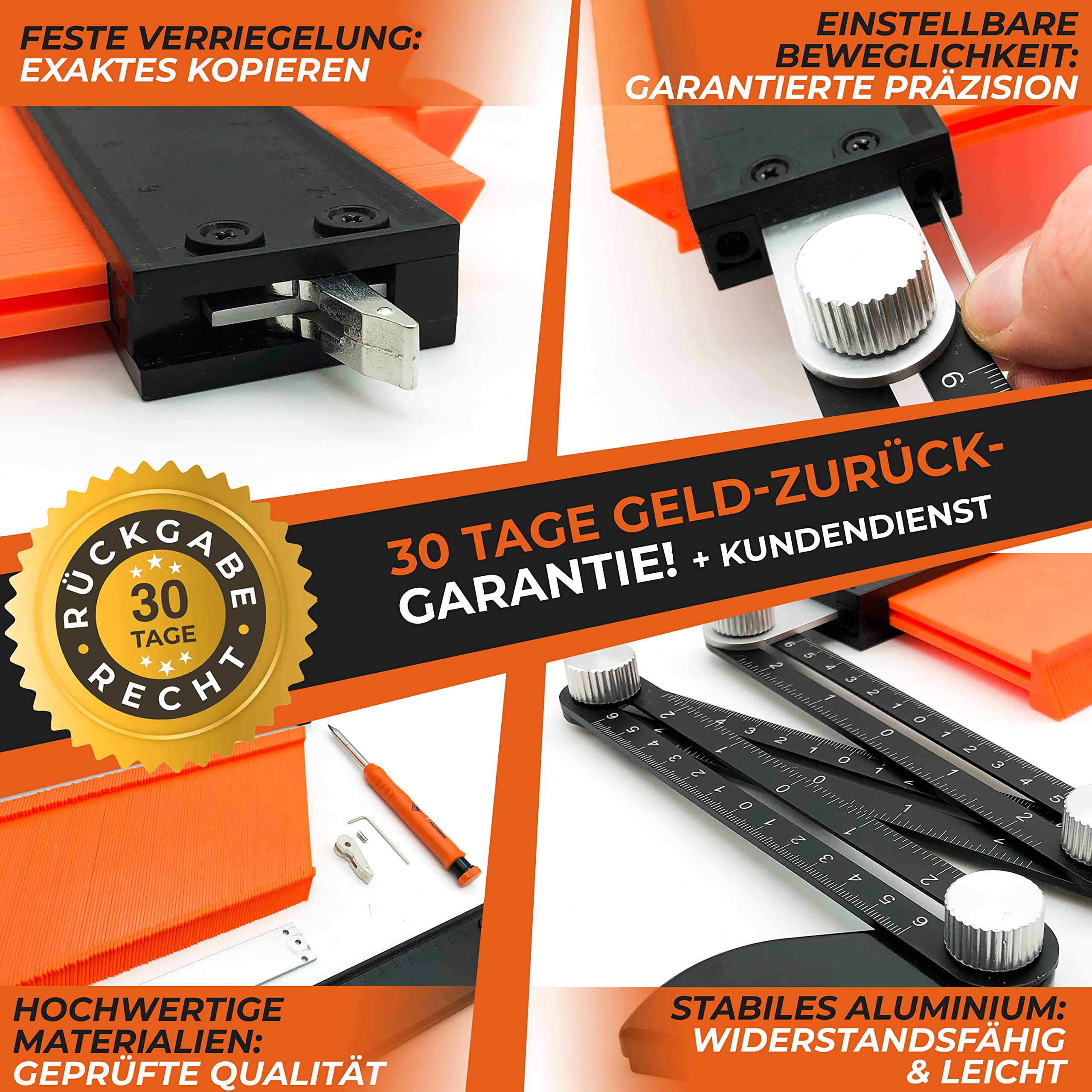 THORVALD Werkzeug Konturenlehre mit Feststeller & Winkelschablone - 25cm Konturlehre Konturen Schablone für Fliesen, Parkett, Laminat - Inkl. Tieflochmarker + Anleitung - Konturenabnehmer mit Schloss