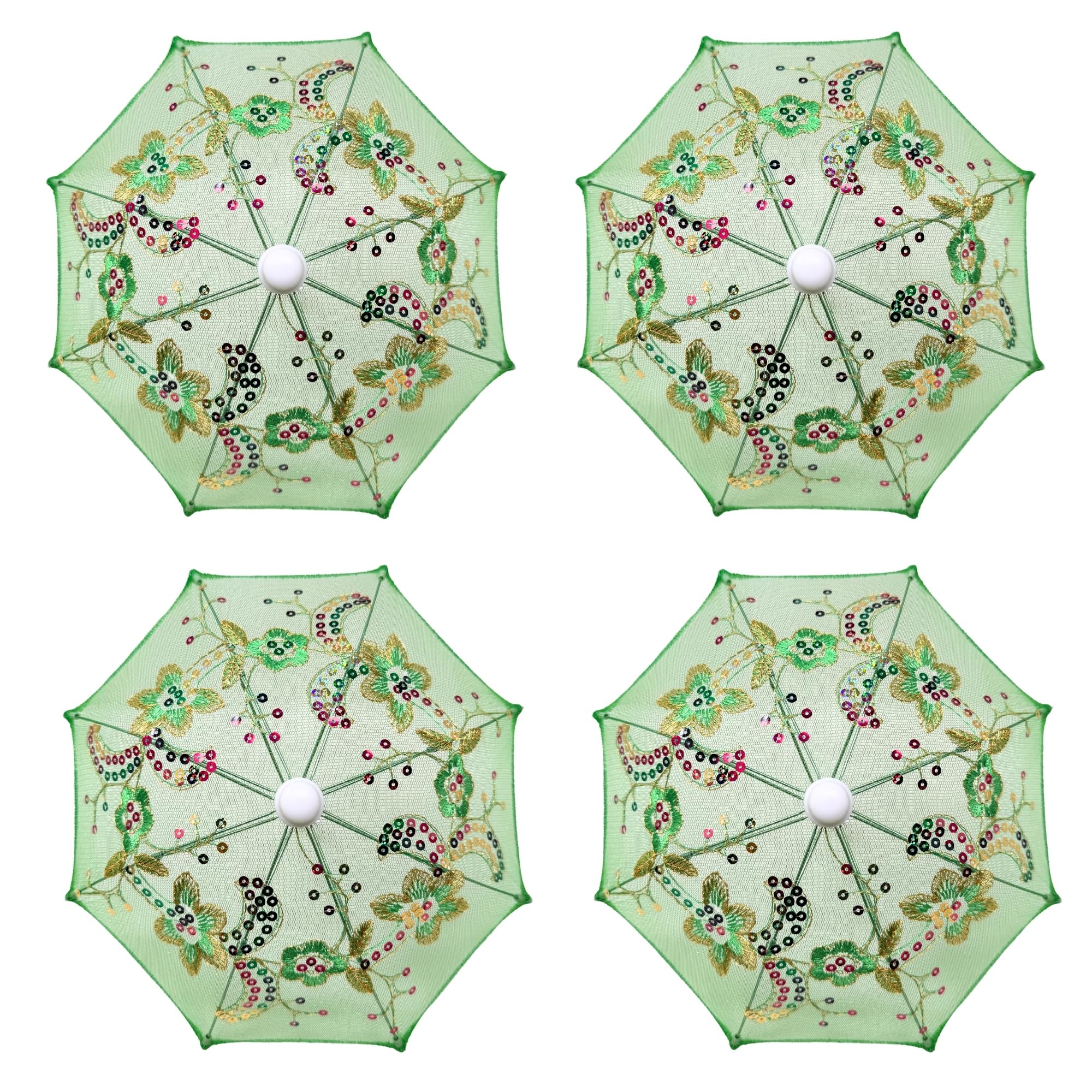 THY COLLECTIBLES Pack of 4 Mini Lace Umbrella Parasols with Sequins - Delicate Dolls Size Decorative Small Umbrella for Weddings, Baby Showers,