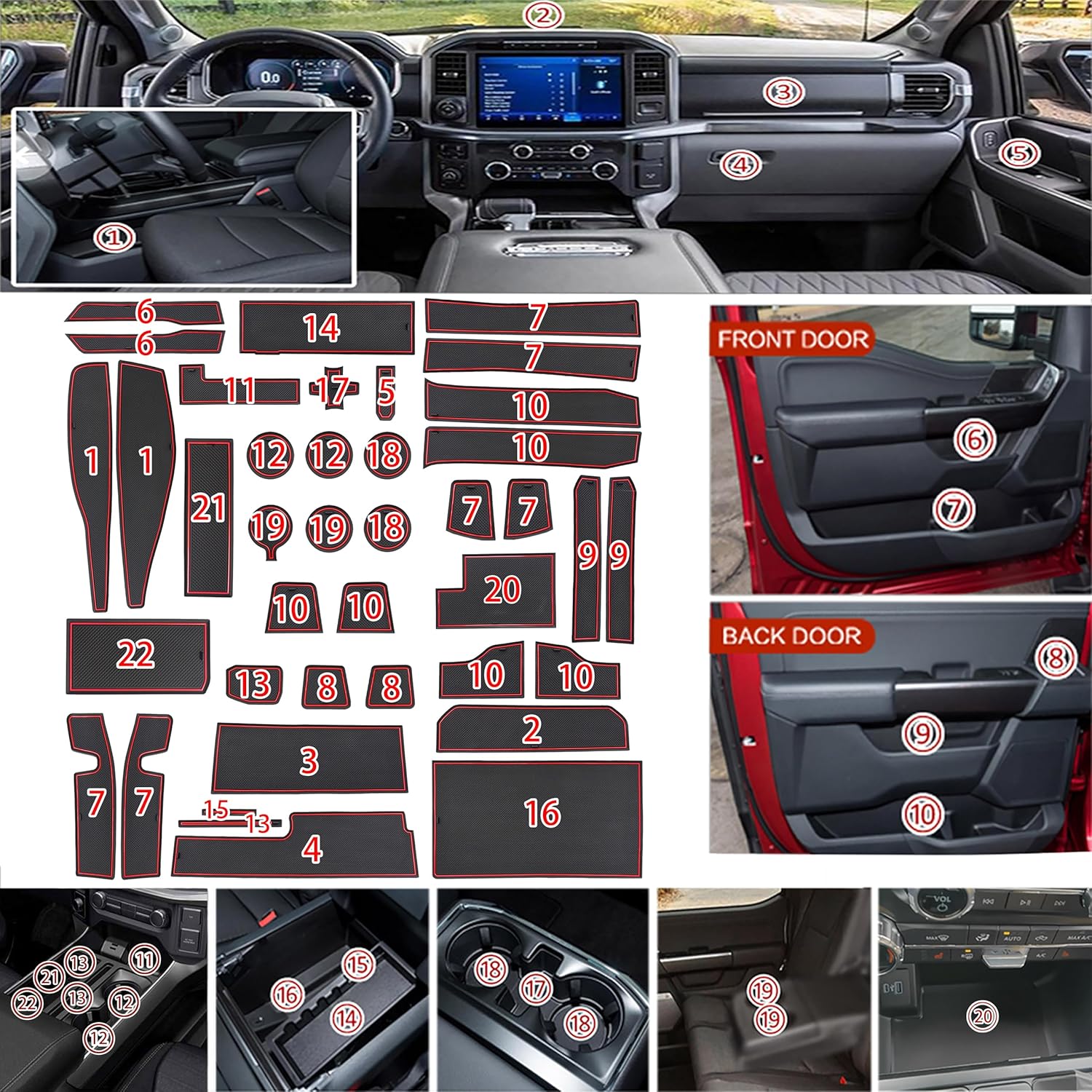 SENSHINE for Ford F150 Accessories 2021 2022 2023 2024 2025 Non-Slip Cup Holder Insert Center Console Shifter Liner Trim Door Packet Mats Custom Interior 40-pc Set (Bucket SuperCrew)(Red Trim)