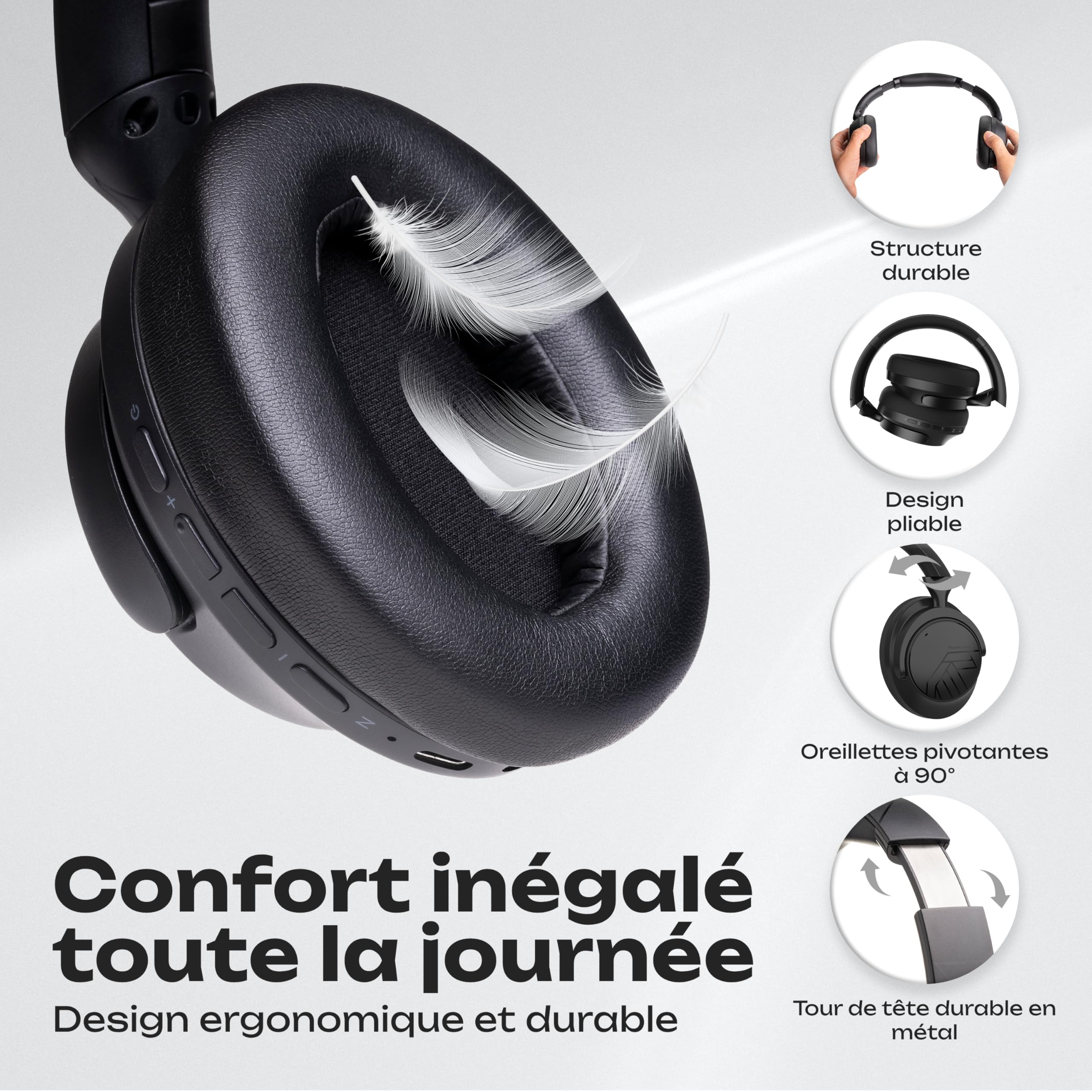 PowerLocus Casque Bluetooth Sans Fil à Réduction de Bruit Hybride, 70H d'Autonomie, Bluetooth 5.4, Basses Profondes, Casque Over-Ear Pliable, Oreillettes Confort et Connexion multipoint pour Voyage/TV